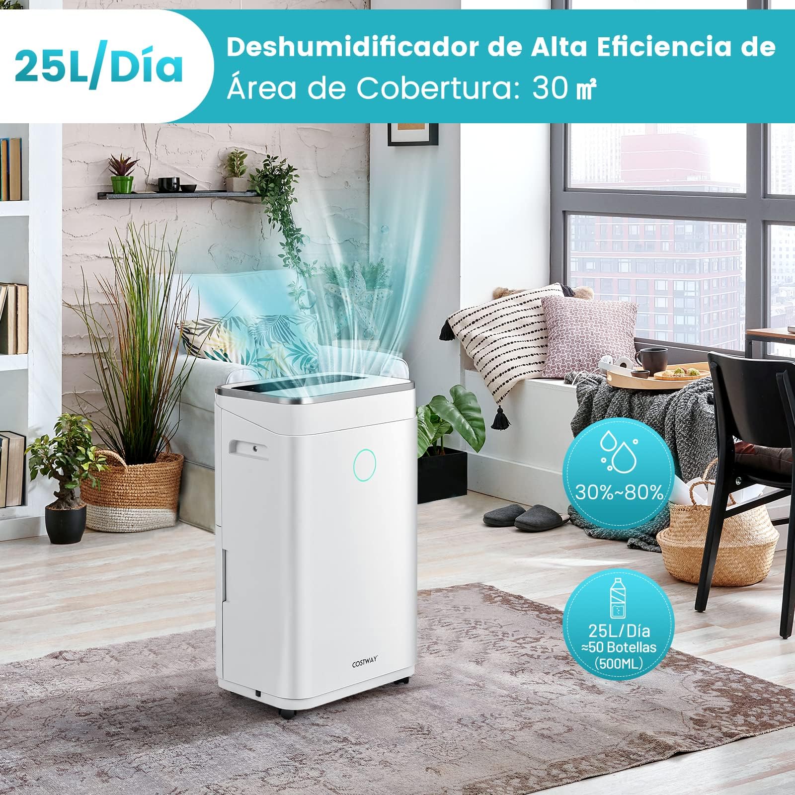 COSTWAY Deshumidificador 25L/Día, Depósito 6,5 L, hasta 30㎡, Temporizador 24 Horas, Pantalla LED, Depósito Extraíble y Desagüe Automático o Manual,Seca Ropa, Dry Compact 3 Modos