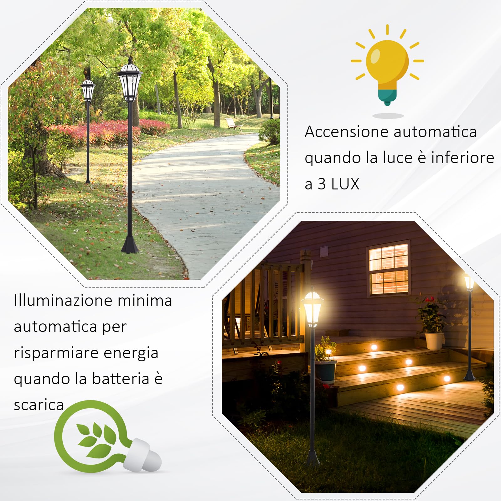 Outsunny Set 2 Lampioni Solari da Giardino, Luci da Esterno Solari con 2 LED, Accensione Automatica e Durata 6 Ore, Nero