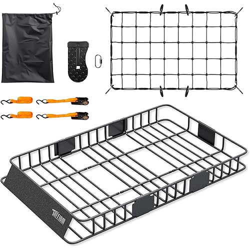 Bonnlo 250lbs Extendable Rooftop Cargo Carrier,64 * 39 * 6inch Universal Roof Rack Basket with Rubber Net,Storage Bag,Straps and Footrest,for SUV/Truck/Van