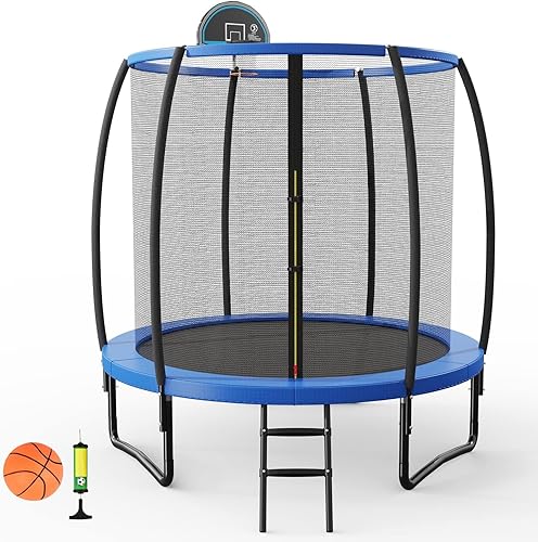 Goplus Trampolín de 8 pies y 10 pies y 12 pies, cama elástica para exteriores con aro de baloncesto, red de seguridad para recinto de baloncesto,