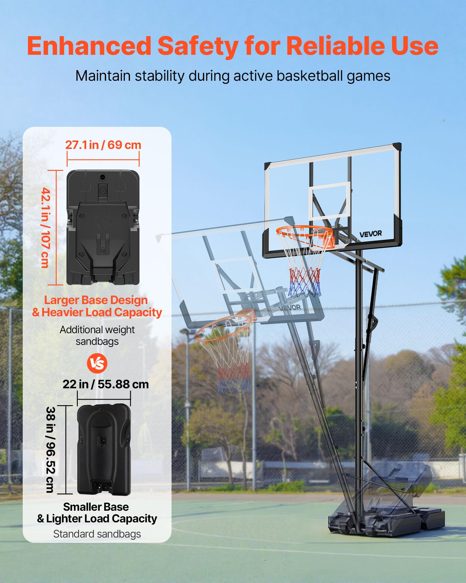 VEVOR Supporto da Basket Portatile Massimo 3,05 m Pallacanestro da Esterno con Piedistallo Regolabile in Altezza Design di Sollevamento, con Ruote e Tabellone PC da 1117,6 mm, per Cortili, Scuole