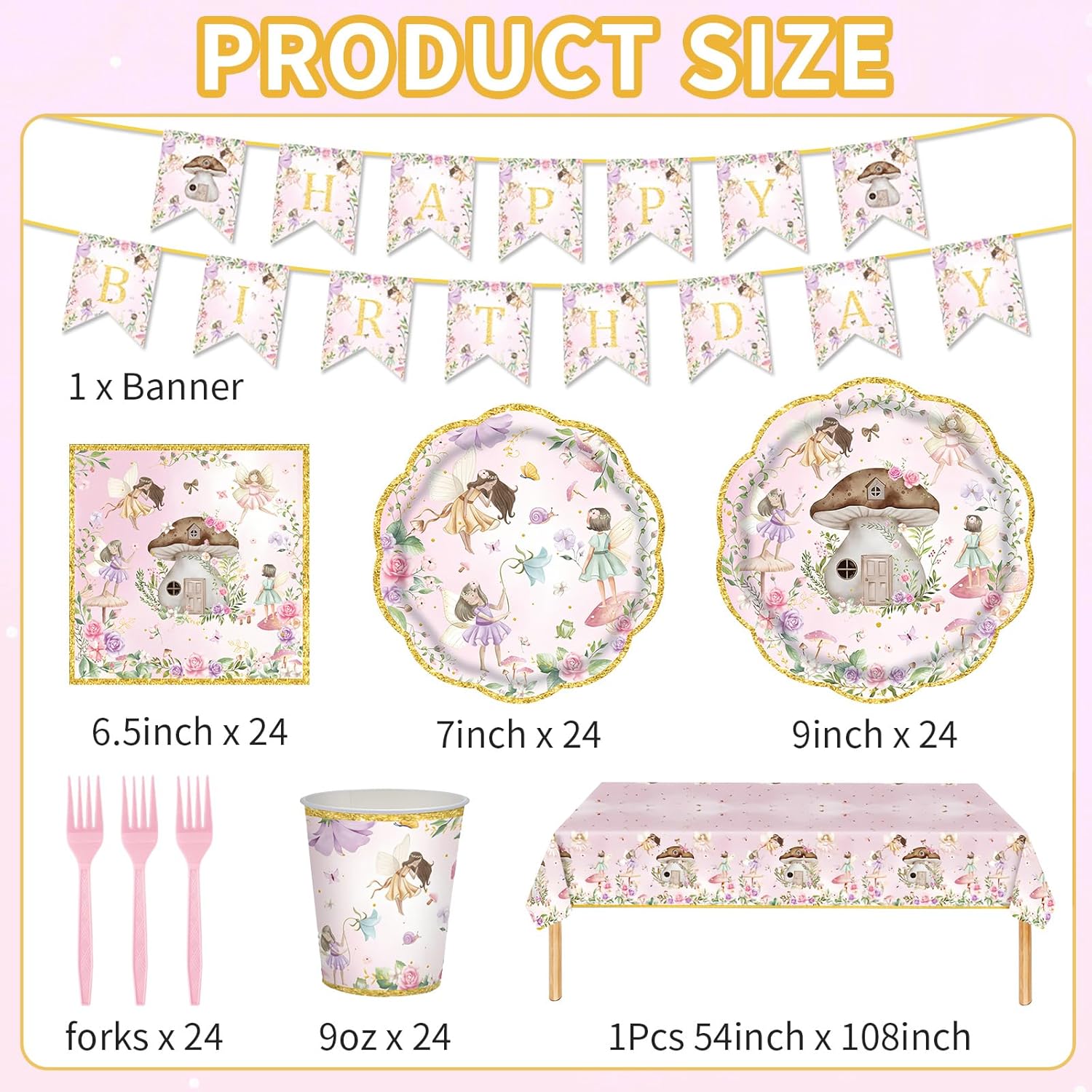 Fairy Birthday Decorations Serve 24 Guests Birthday Party Supplies Disposable Plates and Napkins Dinnerware Sets for Fairy Themed Baby Shower Garden Party Decor