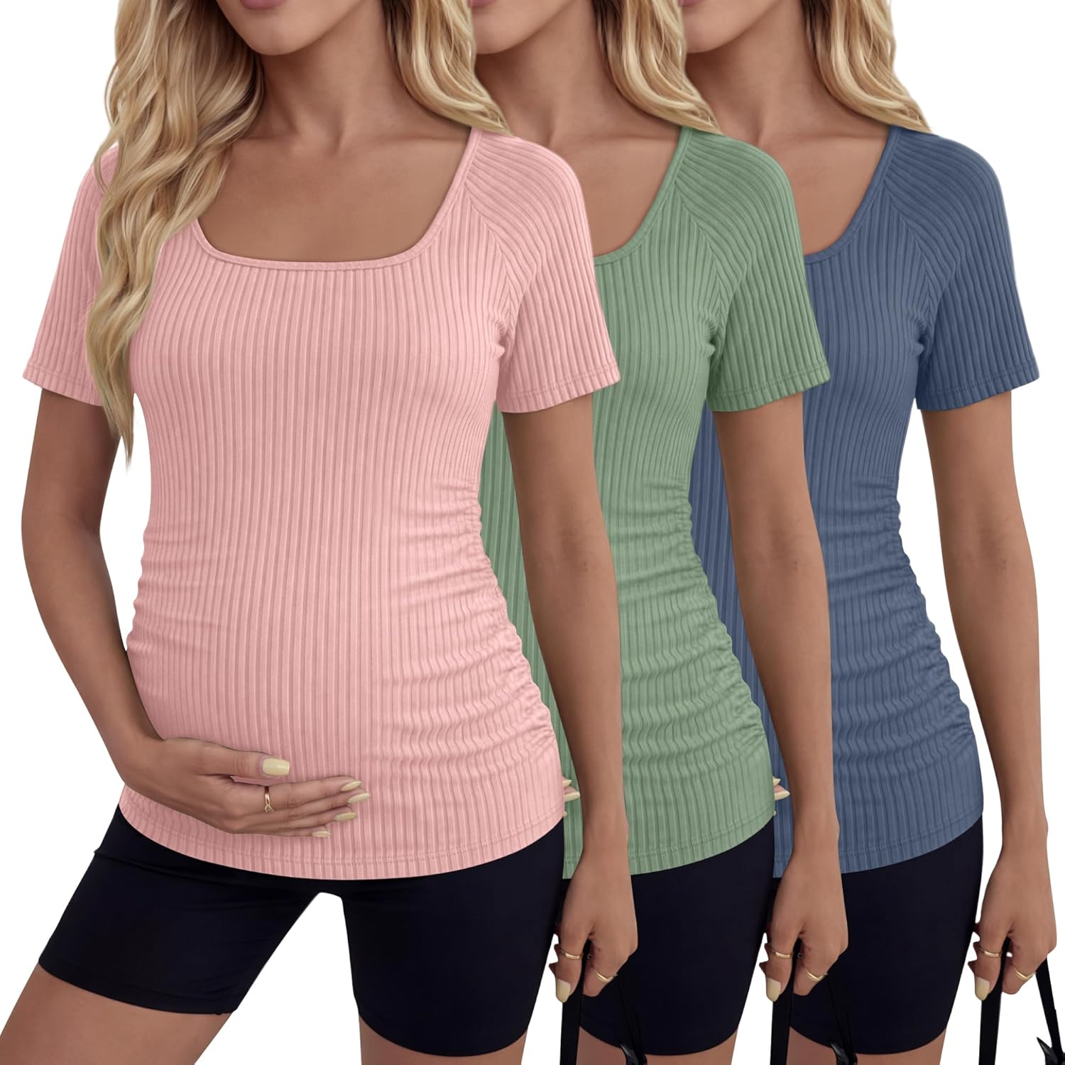 3 Pack Women's Maternity Shirts Cotton Ribbed Short Sleeve Side Ruched Pregnancy Tops Scoop Neck Mama Summer Tees