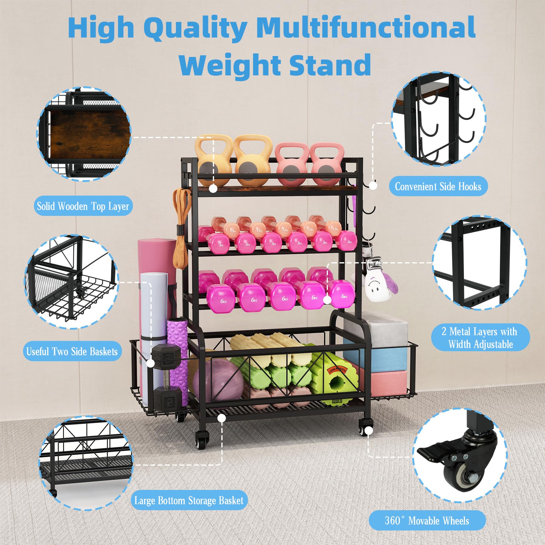 Dumbbell Rack, Weight Rack for Dumbbells, 600LBS Dumbbell Weight Rack, 2 Tier Width Adjustable Barbell Weight Racks for Home&Gym Dumbbells with Wheels&Baskets&Hooks