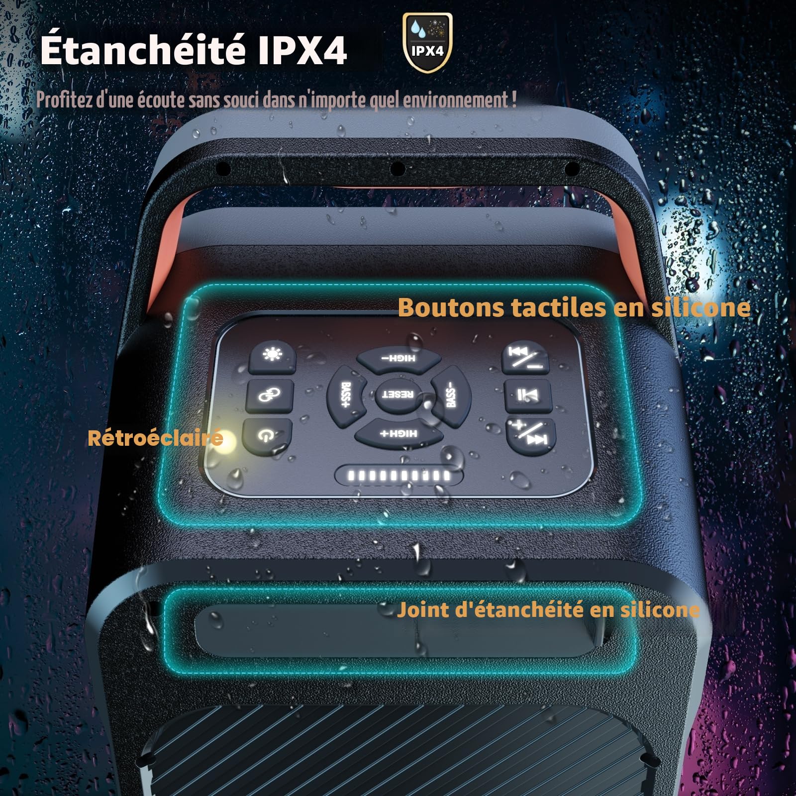 Foxdawn Enceinte Bluetooth Puissante Portable, 240W Peak Haut Parleur Bluetooth, Super Bass, 20H, avec Lumières LED, BT5.3, USB/TF/AUX/MIC & Guitare in, pour Party, Camping, Jardin