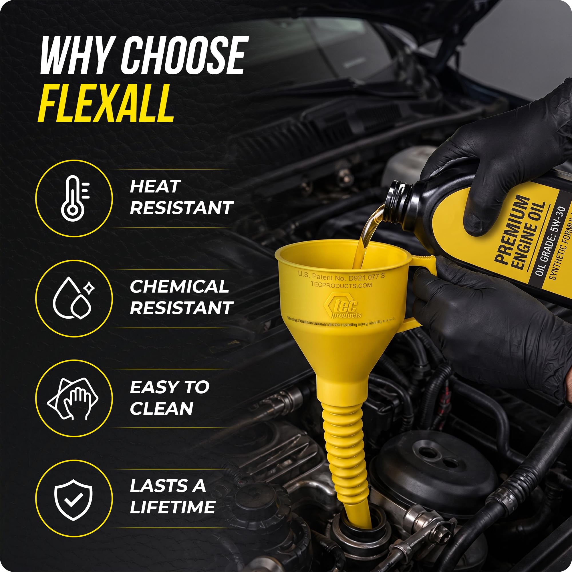TEC Products FlexAll Embudos largos y flexibles, embudo de aceite automotriz con manguera, goma de nitrilo duradera para cambio de aceite, líquido de transmisión, diésel, combustible, gas, fabricado