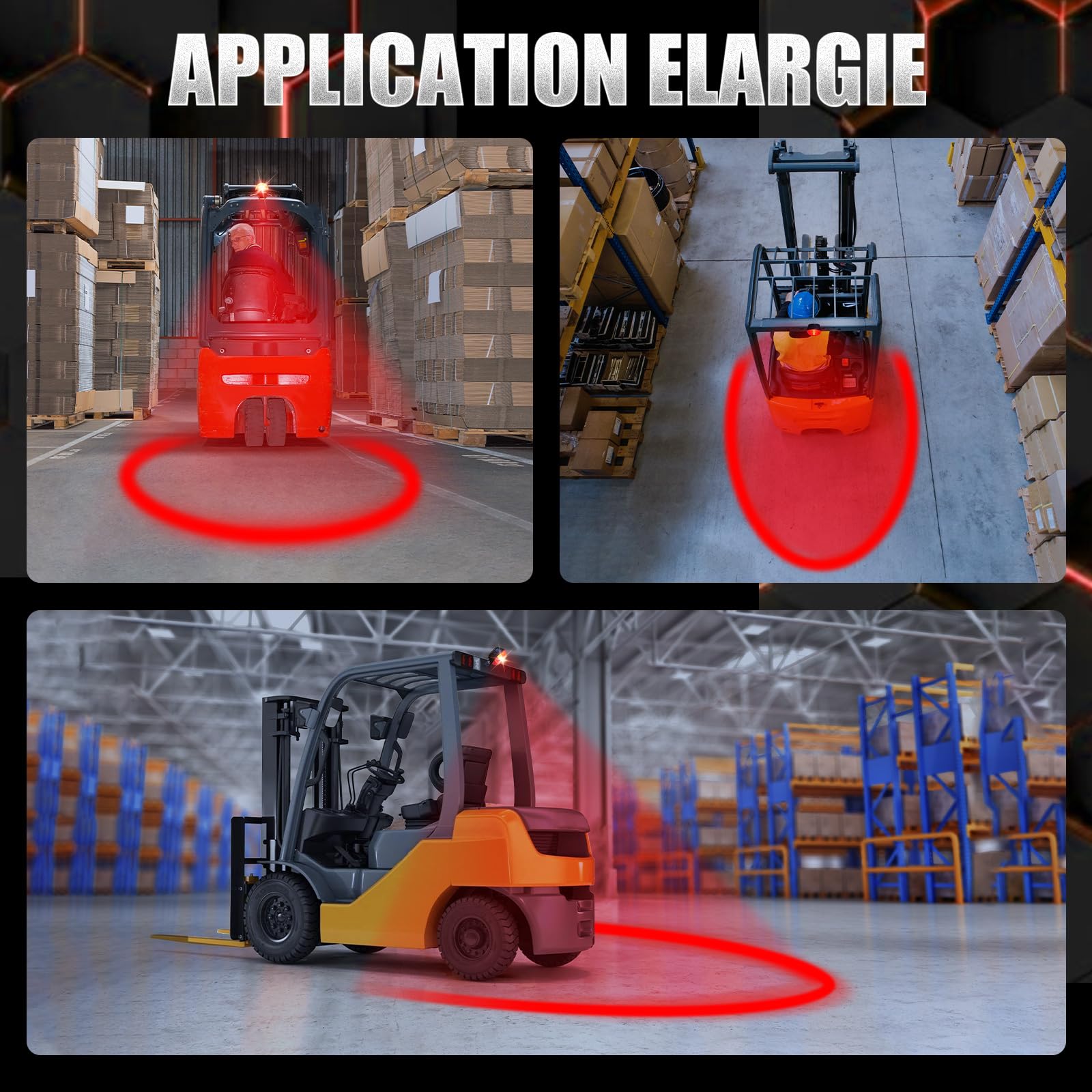Dinfu LED ronde rouge Chariot élévateur à fourche Eclairage de l'entrepôt Feux latéraux du chariot élévateur Phares d'avertissement 30W DC 12-110V forklift