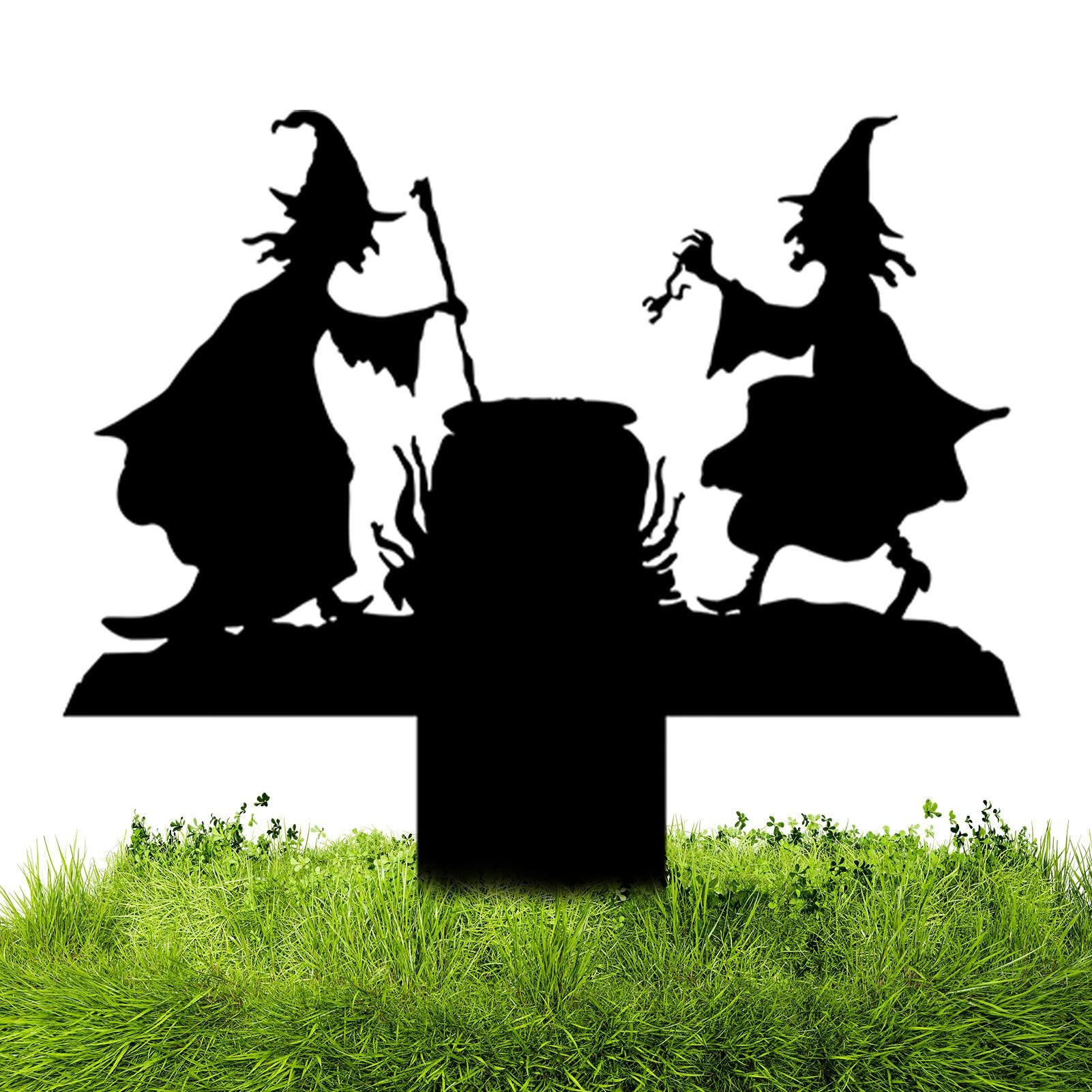 Duqulle Halloween Witches Silhouette Yard Signs,Halloween Outdoor Decoration Black Metal Cauldron Creepy Yard Posts,Halloween Yard Signs For Outdoor Lawn Yard Decoration