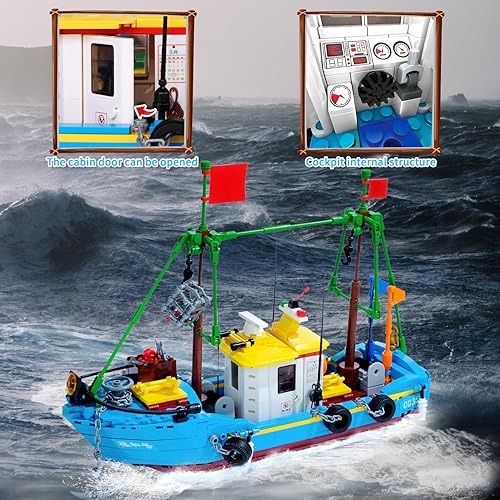 Miniatura 3 de Juego de bloques de construcción de barco de pesca, barco pirata de pesca en el mar, juego de juguetes de colección de juguetes para regalos