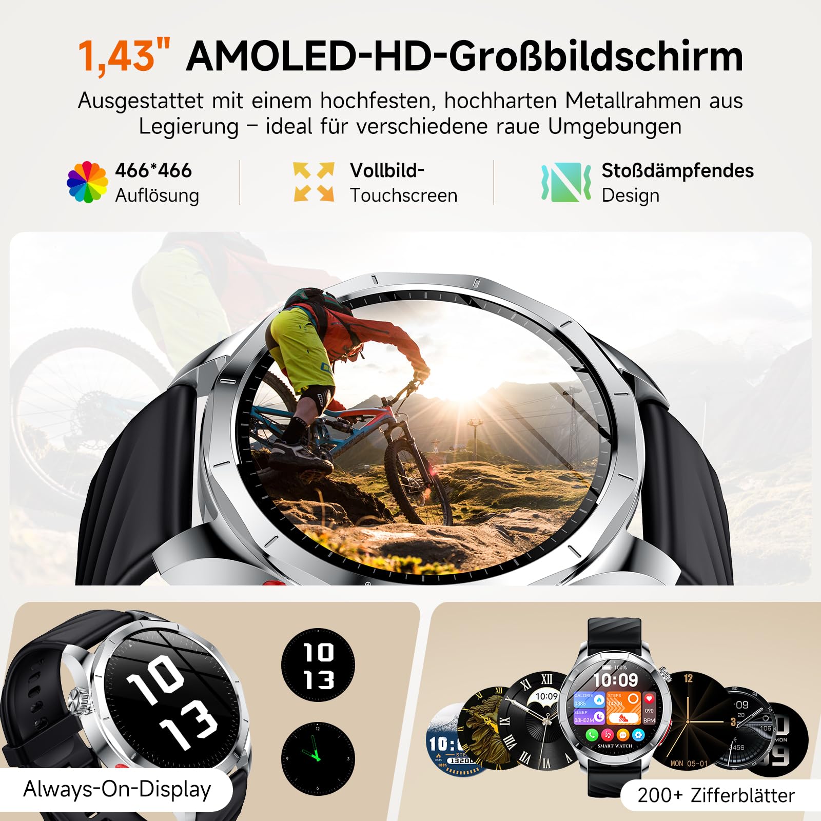 2026 Neu Smartwatch Herren mit EKG/HRV/BMI/Harnsäure, 1,43" AMOLED Gesundheitsuhr mit 24H Blutdruck Herzfrequenz SpO2 Körpertemperatur Schlafmonitor SOS-Notruf Fitnessuhr Android/iOS