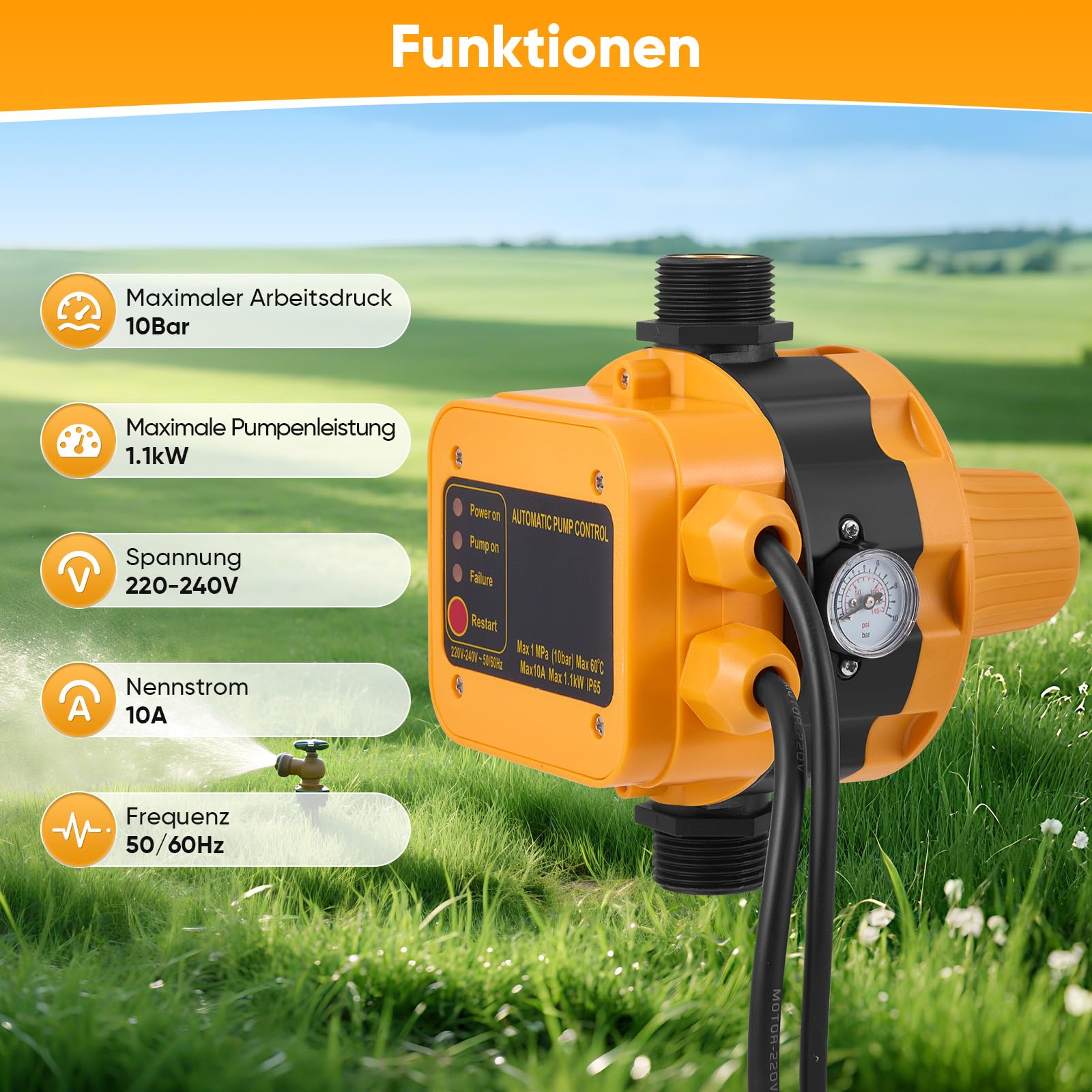 Pressostat Pour Pompe à Eau, ContrôLe électronique De Pression Pression Max. 10 Bar, 220-240 V Avec Prise étanche Ip54 Contrôle De Débit Pour Pompe De Jardin