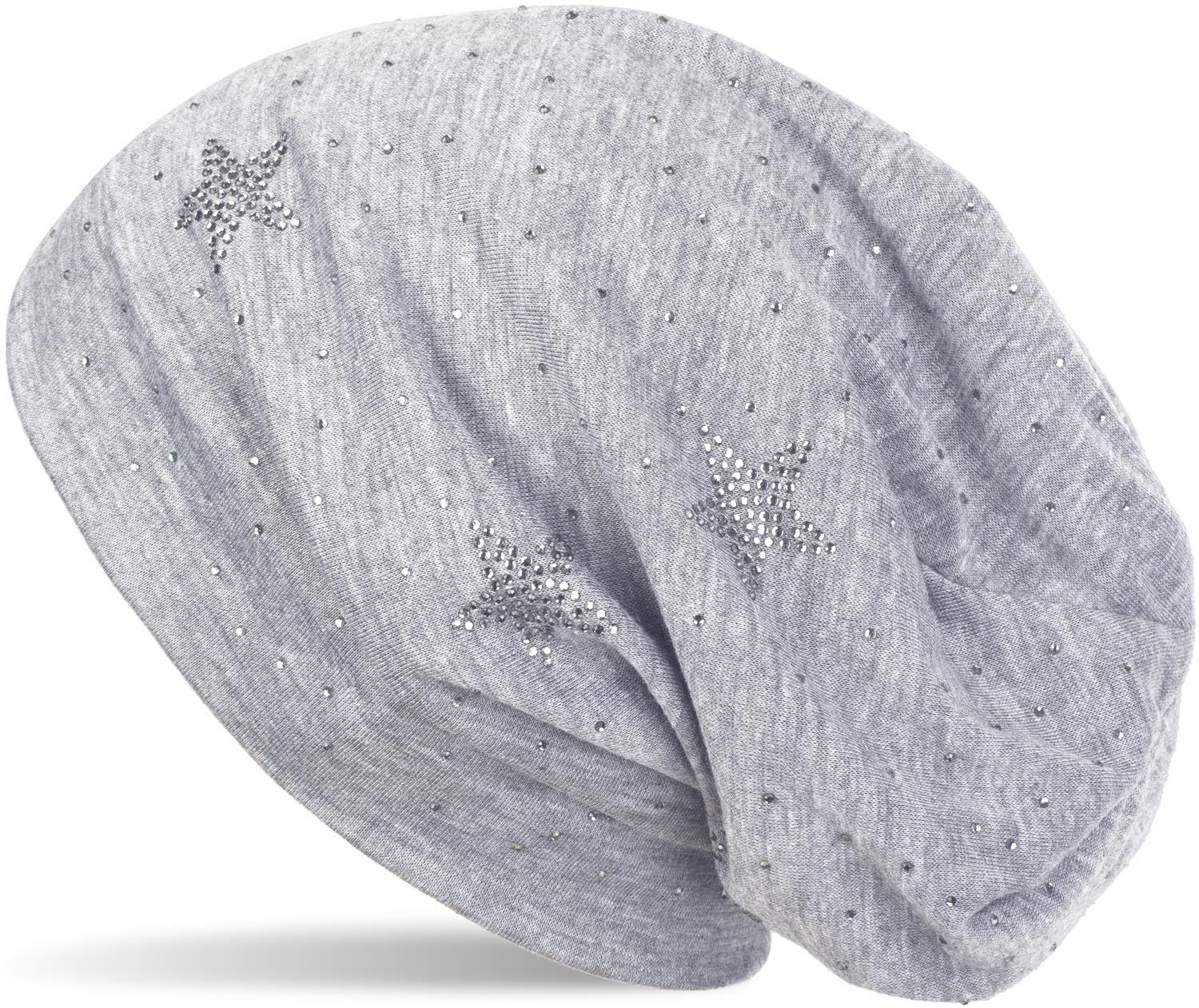 Stylebreaker Women's Mottled Light Grey Beanie Hat With Rhinestone Stars And All-Over Rhinestones, Slouch Long Beanie, 04024116, Colour: