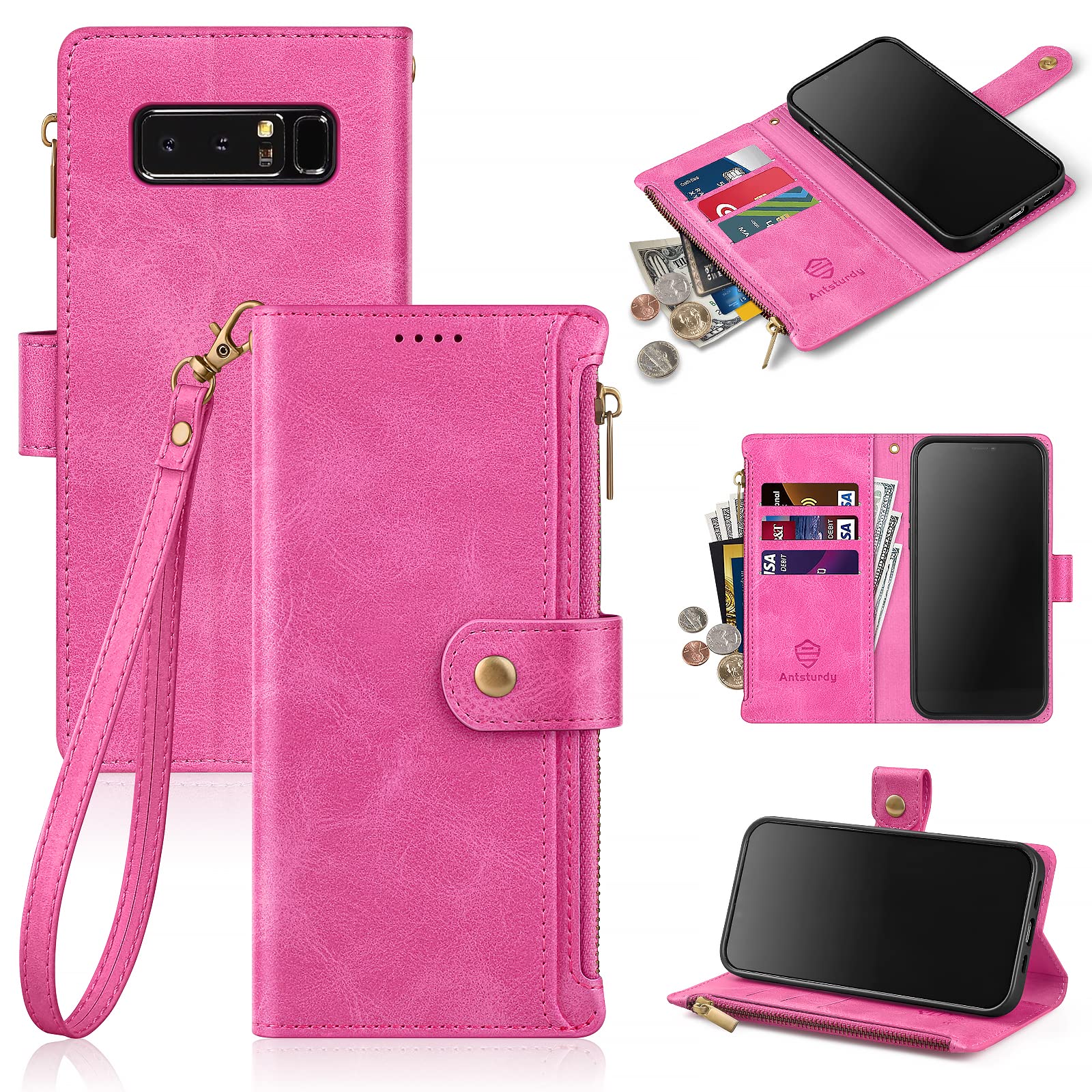 Antsturdy for Samsung Galaxy Note 8 Wallet Case, Luxury PU Leather Folio Flip Protective Cover with Wrist Strap [RFID Blocking] [Zipper Poket] Credit Card Holder [Kickstand Function],Hot Pink