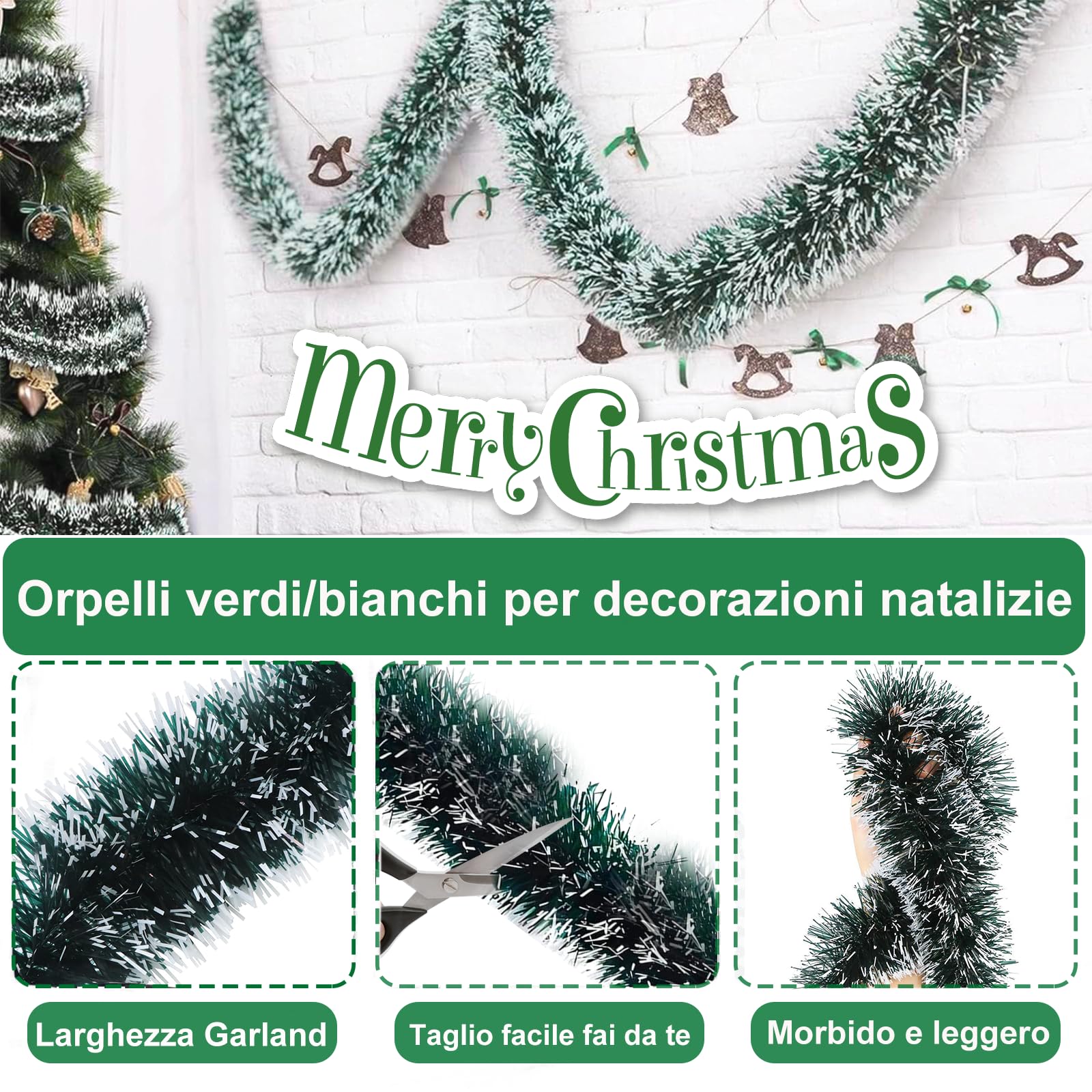 Ghirlanda Di Natale Lucida Tinsel 10 Metri, Verde Scuro Con Punte Bianche, In PVC, Per Albero, Casa, Finestre, Decorazione Interni/Esterni - 5
