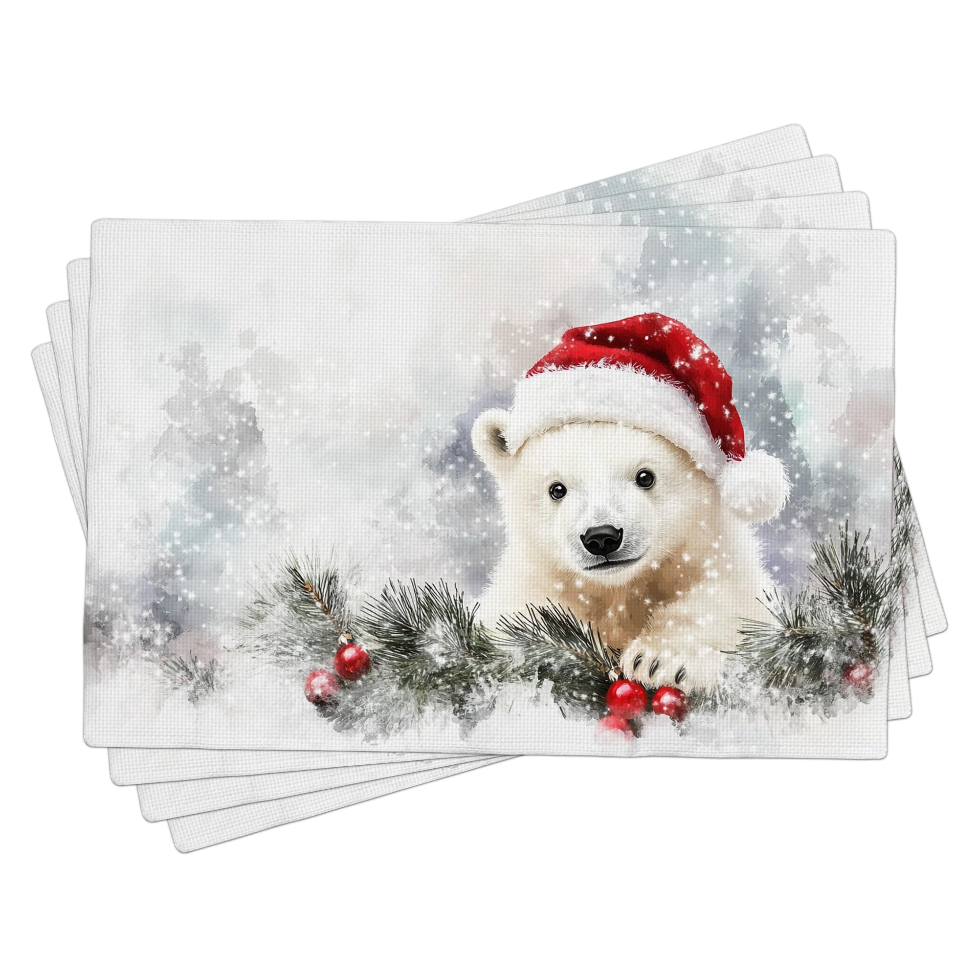 Christmas Holiday Polar Bear Placemats Set of 4, Red and White Festive Table Mats for Dining Room, Non-Slip Washable Indoor Outdoor Decorative Place mats 18x12 Inch