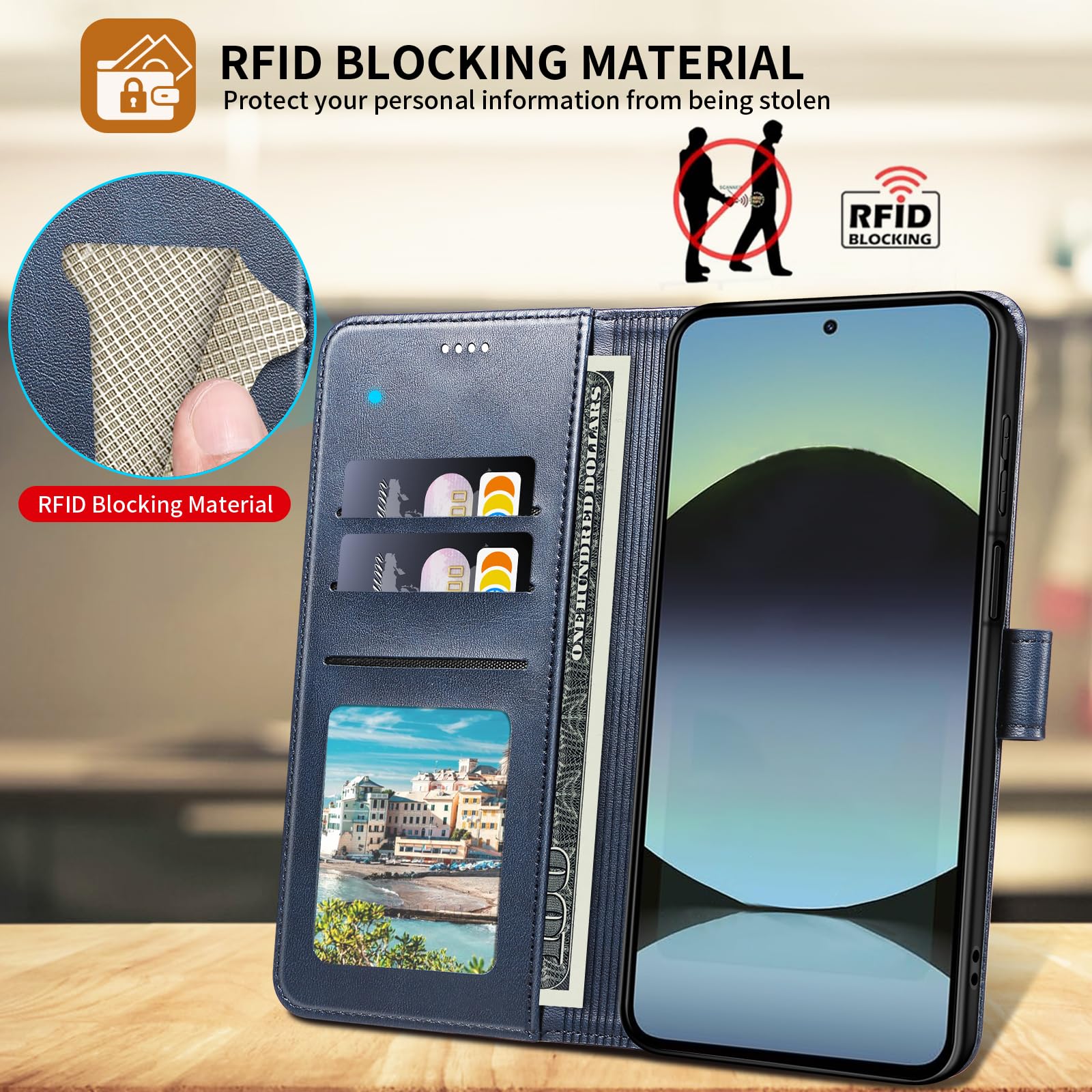 WAURZ Cover per Xiaomi Redmi Note 14 4G, Custodia Cover Pelle Libro con 2 Pellicola Vetro Temperato Protezione Schermo Portafoglio Porta Carte Antiurto Cuoio Flip Case Custodia Cover,Blu