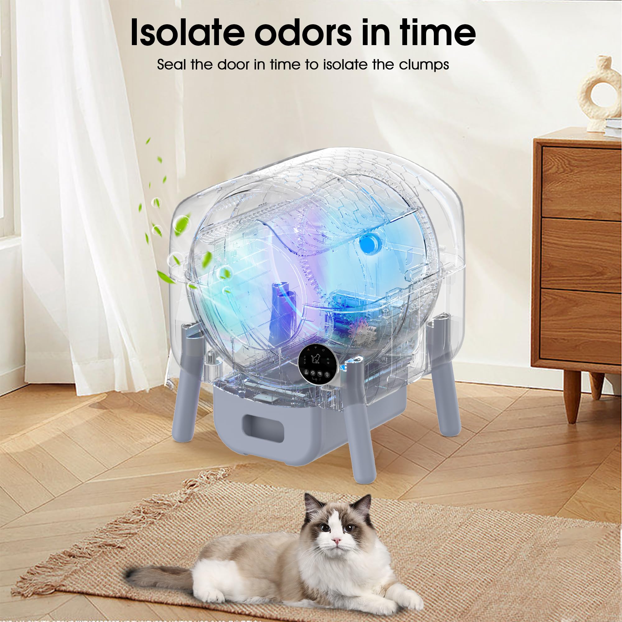 Arenero Gatos Autolimpiable, 76L+13L Arenero Inteligente para Gato con Control App, Protección de Seguridad, Sin Fugas Orina, Eliminación de Olores con 1 Rollos Bolsas Basura para Varios Gatos