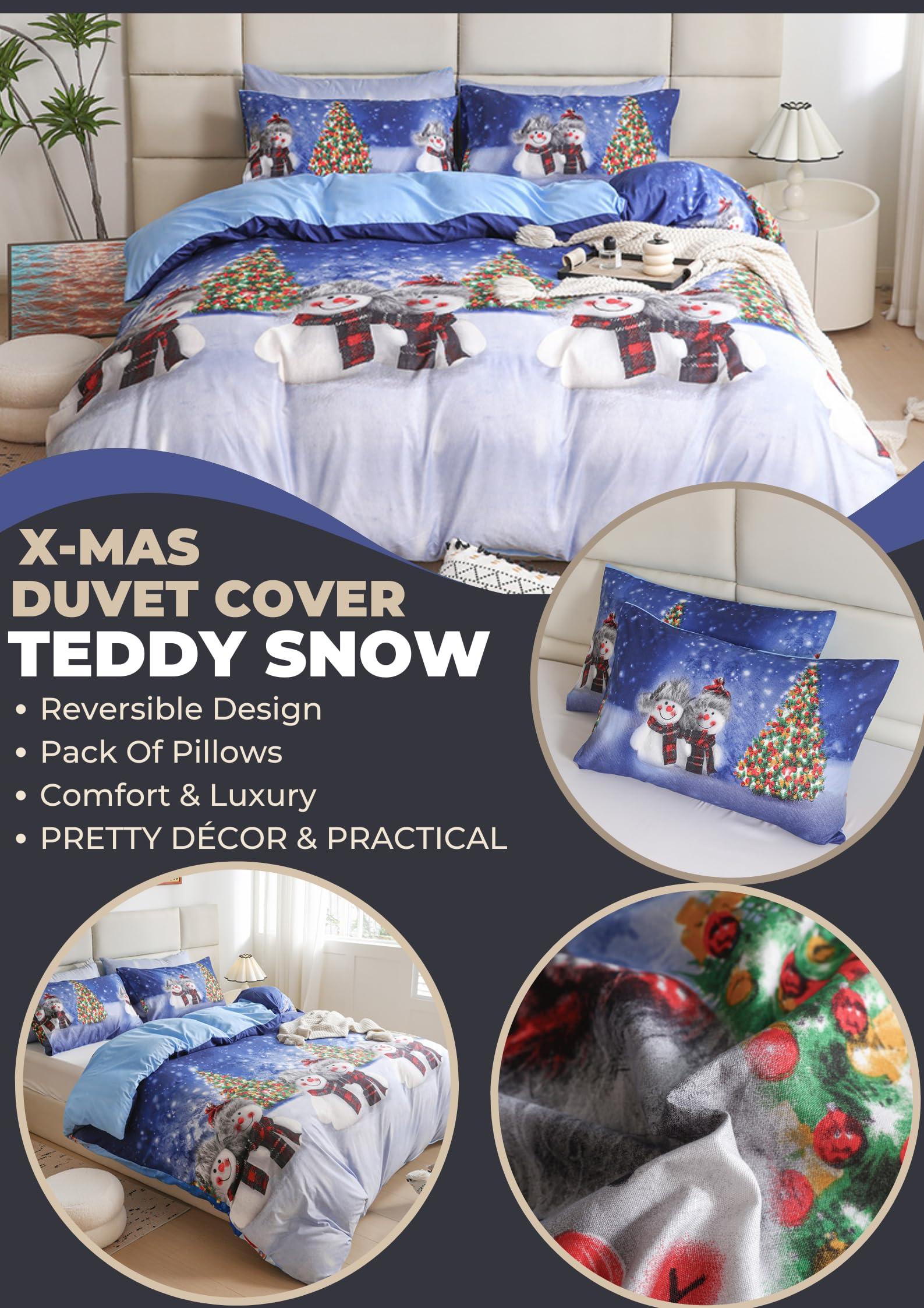 myAIMS Father Christmas Royal Santa Claus Merry Santa Xmas Kitty Duvet Quilt Cover & Pillowcase Bedding Set Multi-Colour Snowman Presents Set Ultra Soft Easy Care - Image 4