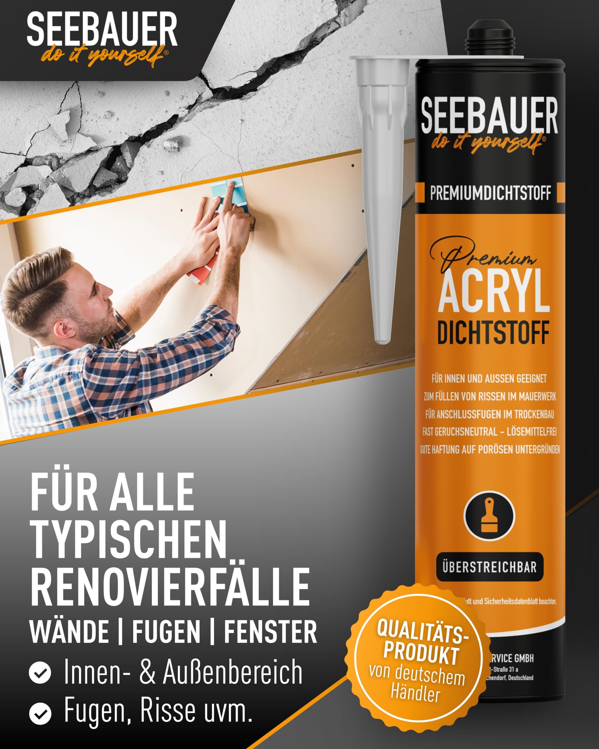 Acryl Dichtstoff Weiß 300 ml - Besonders elastische Dichtmasse - Einfach überstreichbar für Innen- & Außenbereich - Maler-Acryl für Fugen & Risse (12 Stück)