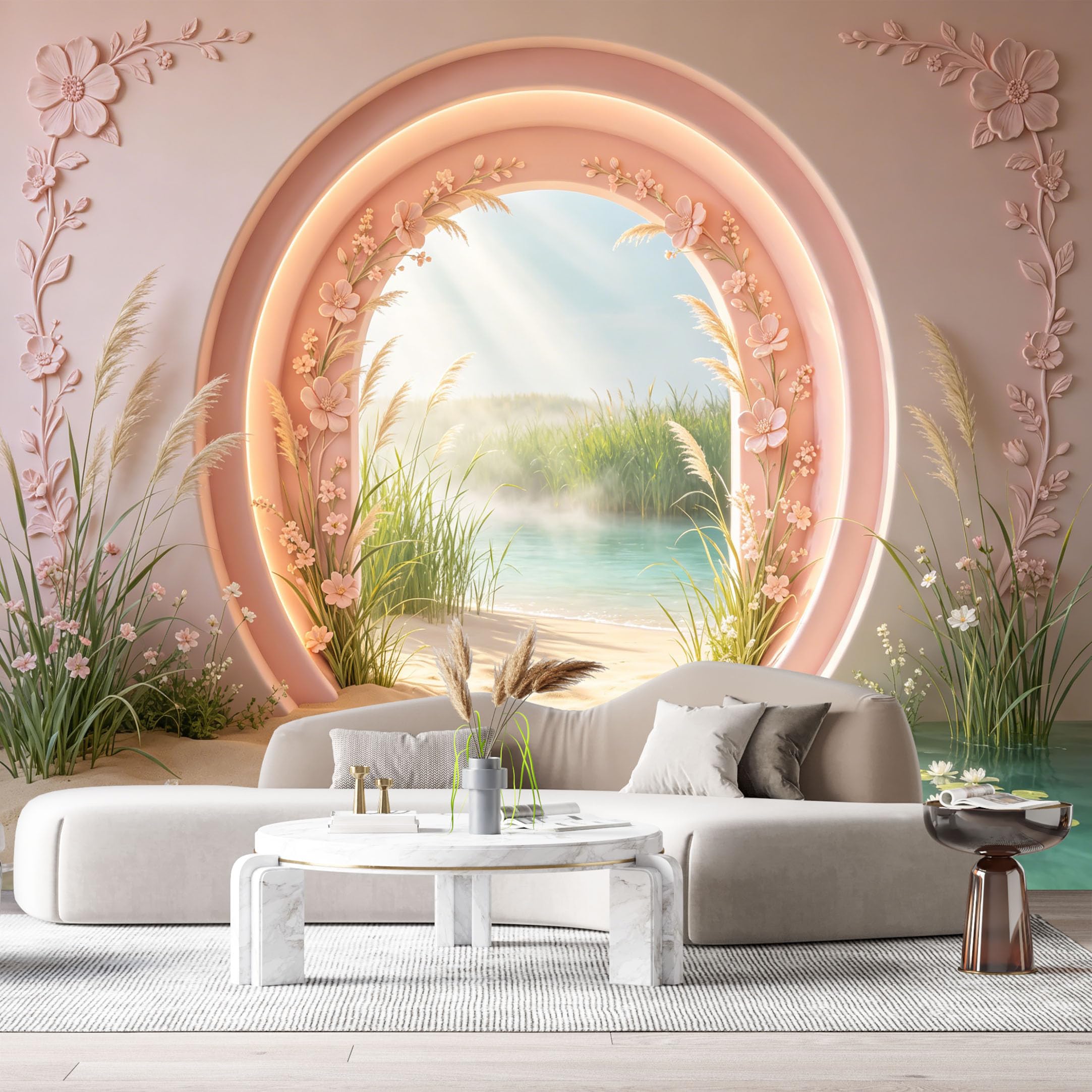 Custom Size Wall Murals Pastel Archway Coastal Landscape Watercolor 3D Trompe L'Oeil SelfAdhesiveWall Fabric Removable Wallpaper Wall Decor for Living Room Bedroom Bathroom