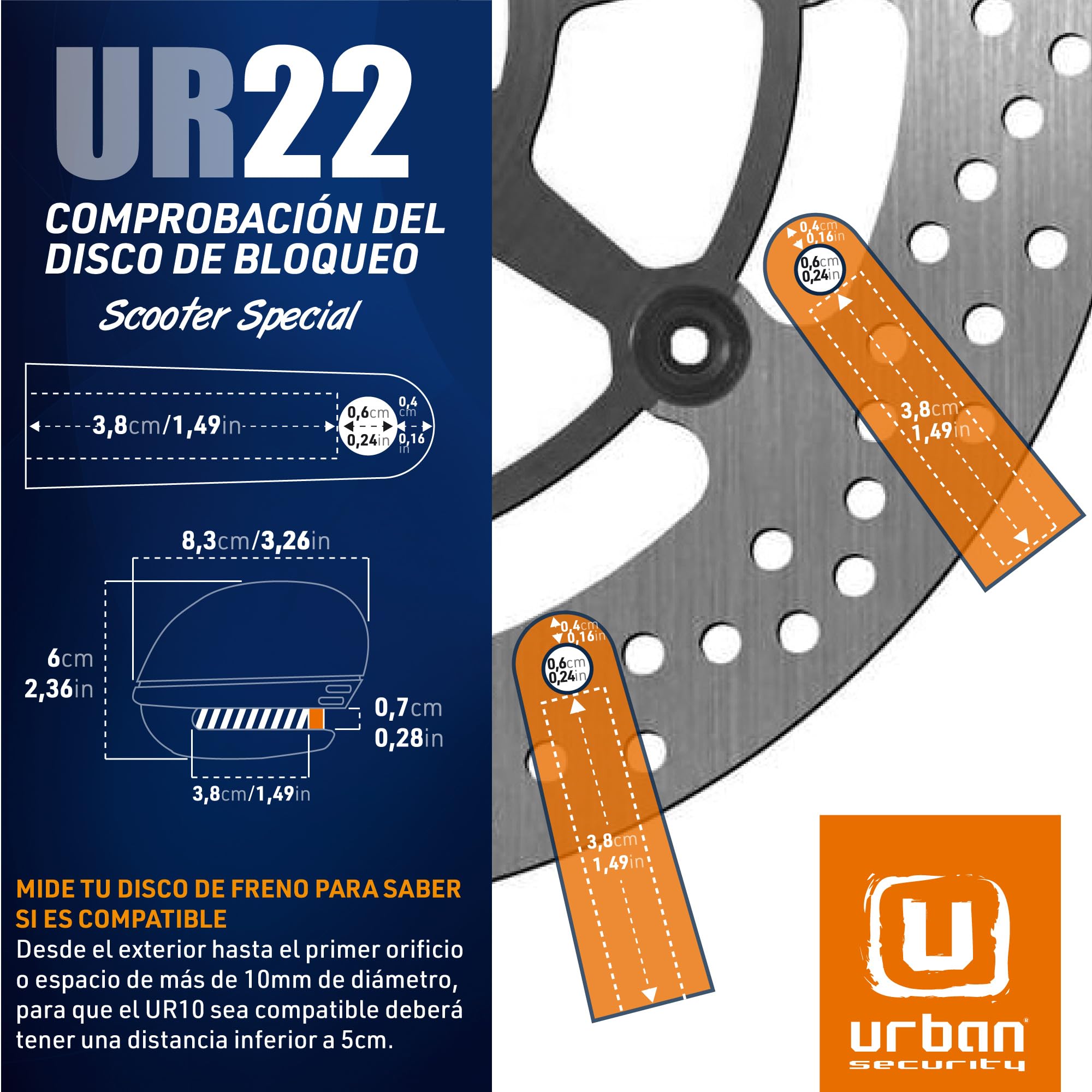 urban UR22 Candado Moto Disco Alarma 120db ON/Off, Warning Avisador, Módulo Remplazable Impermeable, Pila Litio, Universal Motos Scooters Bicicletas Patinetes, Antirrobo Pinza Disco Freno