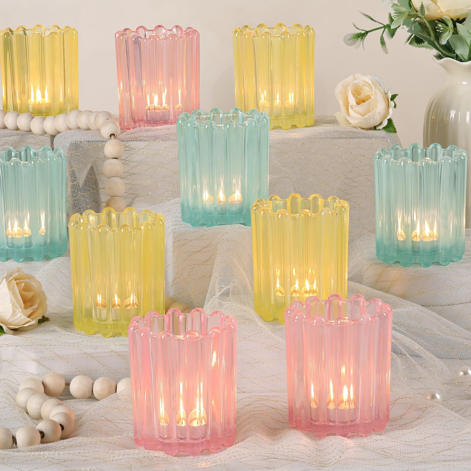 HAVITI Szklany różowy świecznik wotywny, niebieski baby shower, prążkowane świeczniki wotywne, zestaw 12 sztuk, różne kolory, na ślub, dekoracja stołu, kolacji
