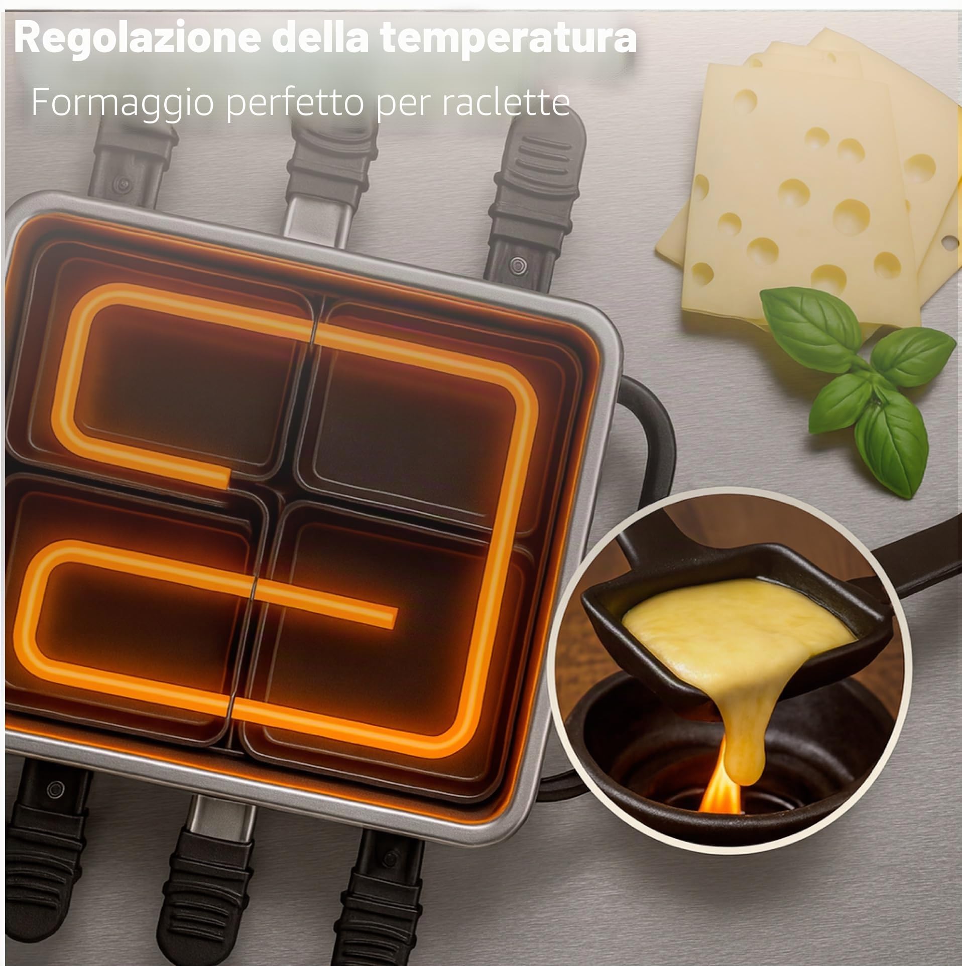 Raclette - Set fonduta per 8 persone, antiaderente, con pentola e griglia da tavolo, con padella, raschietto (angolare)