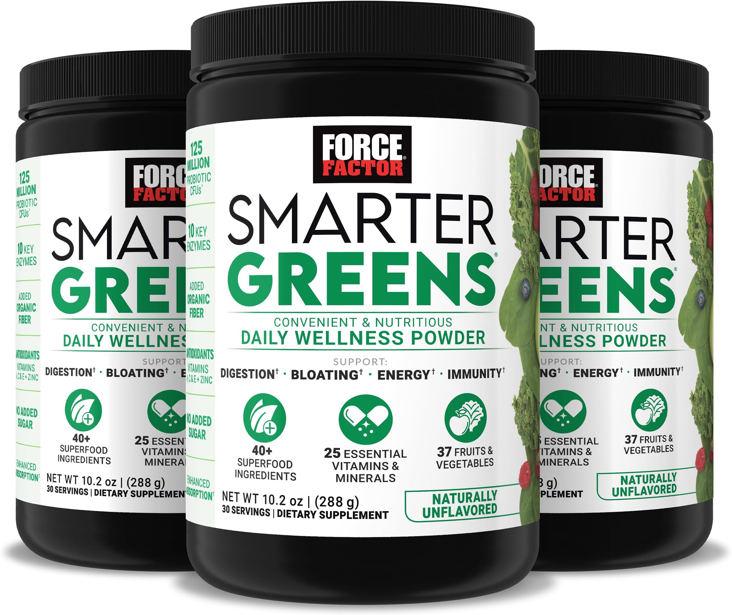 Force Factor Smarter Greens Daily Wellness Powder 3-Pack to Support Energy, Immunity & Digestion, Greens Powder, Superfood Powder with Vitamins, Minerals & Probiotics, Unflavored, 90 Servings