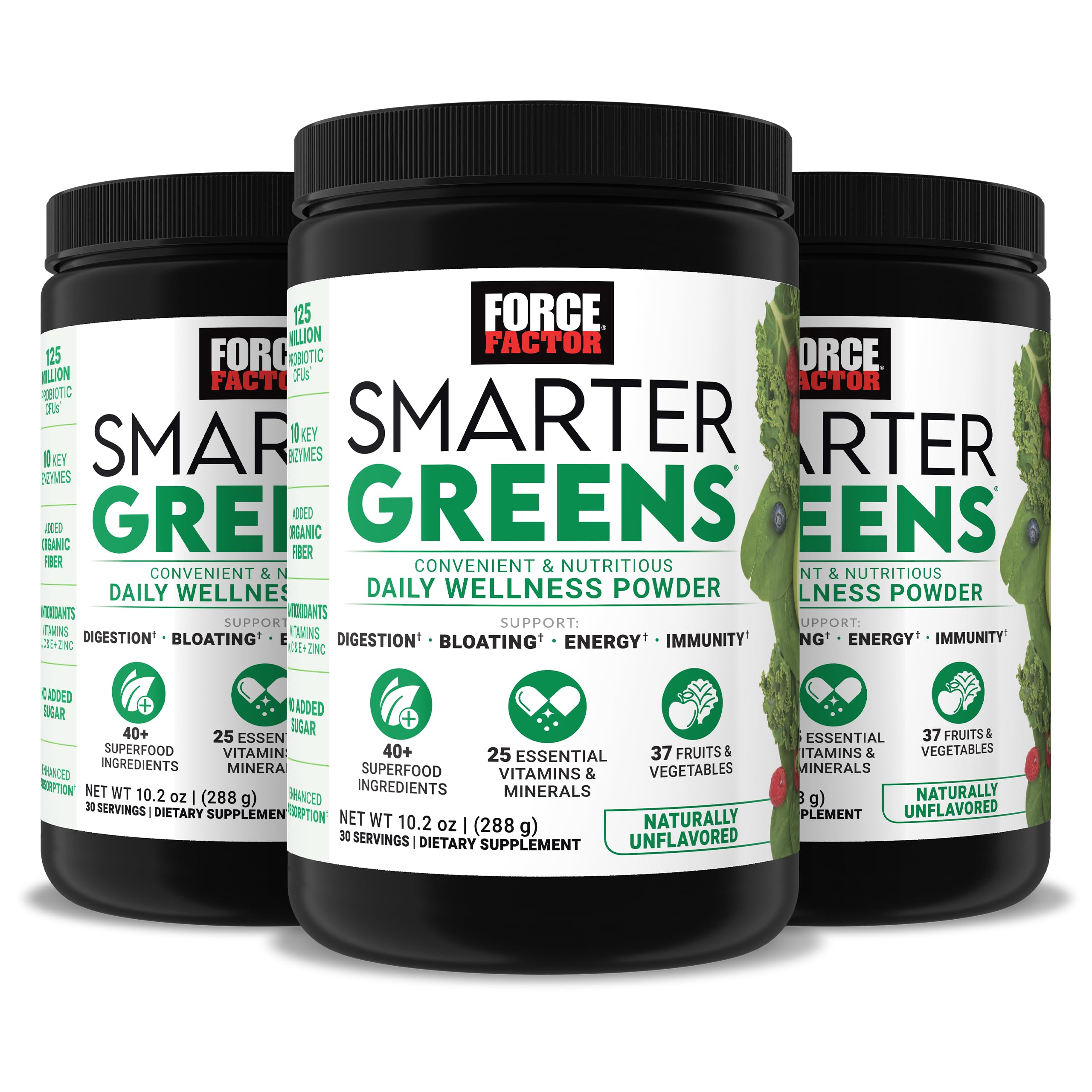 Force Factor Smarter Greens Daily Wellness Powder 3-Pack to Support Energy, Immunity & Digestion, Greens Powder, Superfood Powder with Vitamins, Minerals & Probiotics, Unflavored, 90 Servings