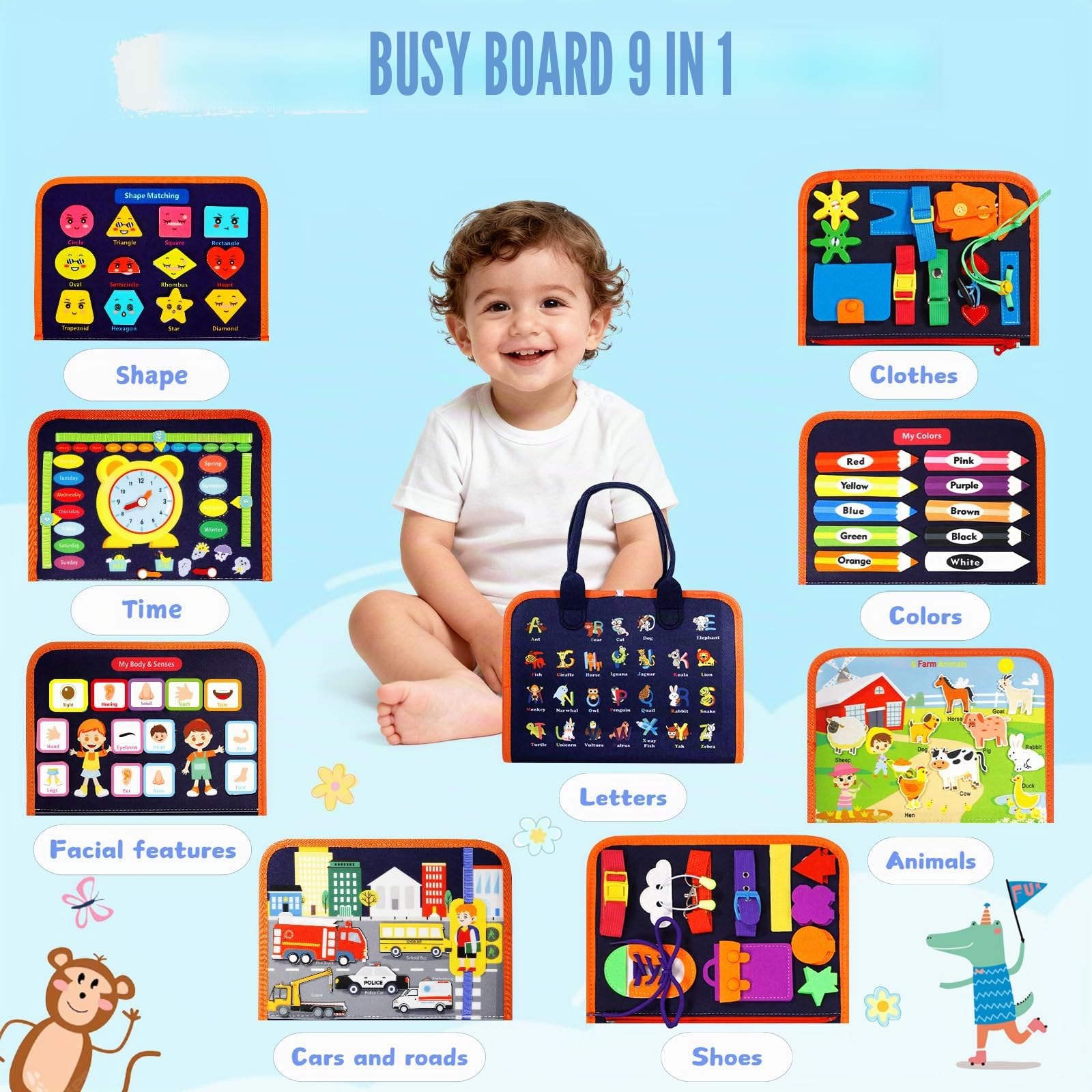 Busy Board, Libro Montessori Interattivo, Pannello Sensoriale Educativo,Feltro Quiet Book, Regalo per Bambino Bambina di 1 2 3 4 Anni