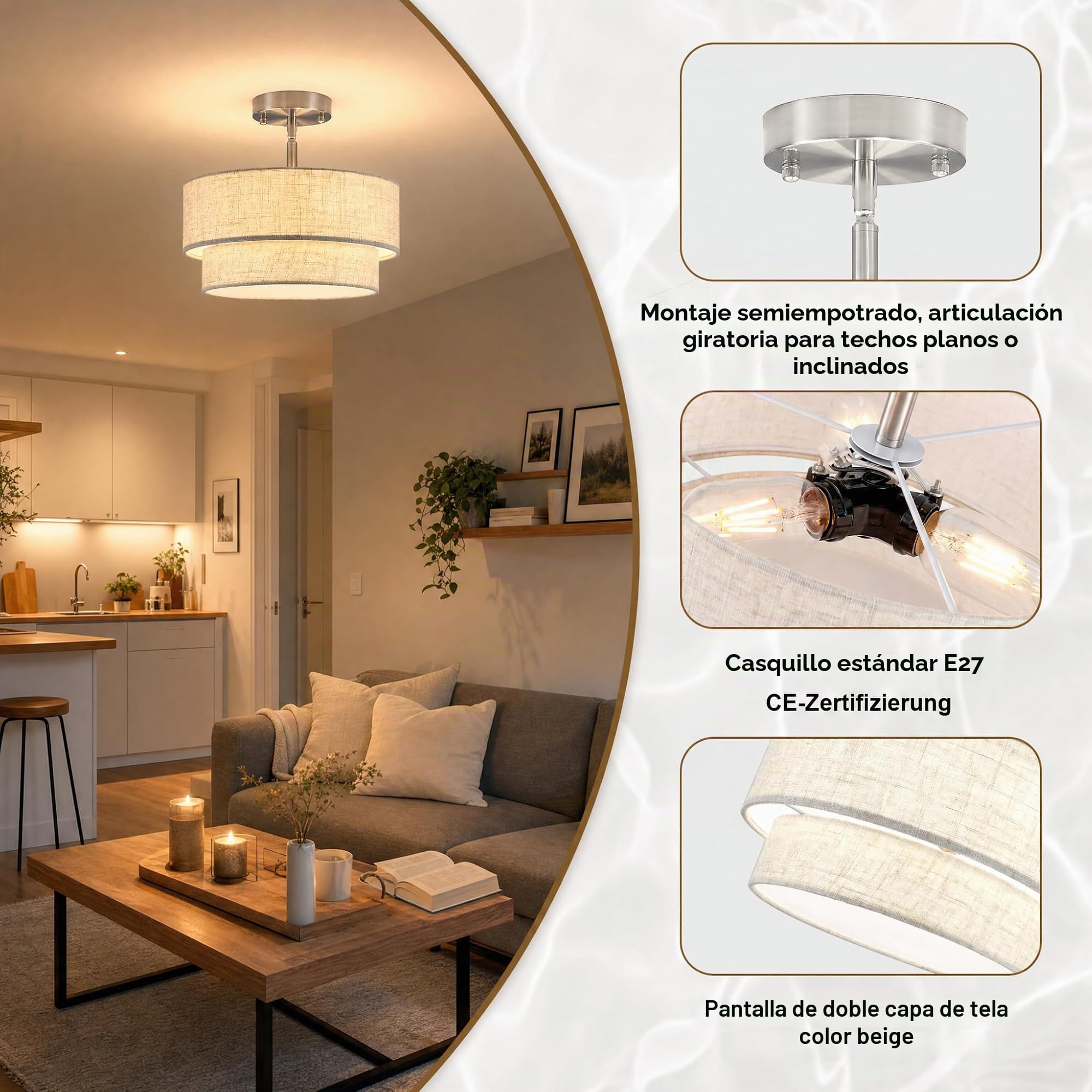 Lámparas de techo cromadas para sala de estar, lámpara de araña moderna de 3 luces con pantalla de tambor de tela beige doble, lámpara de techo semiempotrada para dormitorio, pasillo, comedor