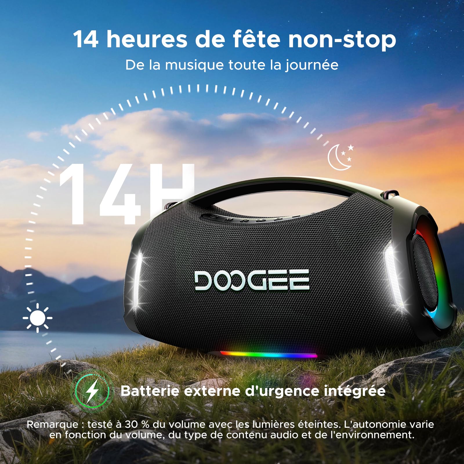 Enceinte Bluetooth Puissante, 250W Enceinte Bluetooth Portable avec Bass Puissantes, 12000 mAh Batterie, Autonomie 14H, Lumière RGB, DSP, TWS Haut Parleur sans Fil IP55 Étanche pour Extérieur, Fêtes
