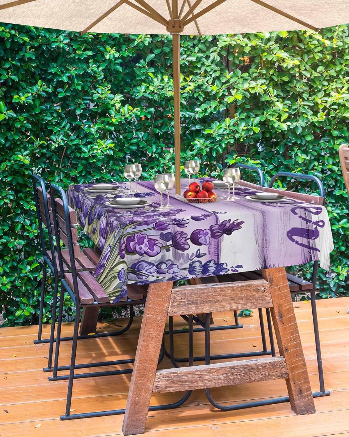 Lavender Floral Outdoor Rectangle Tablecloth with Umbrella Hole 60x84,Wrinkle Free Wipeable Fabric Table Cloth Waterproof Zippered Cover for Camping Patio Party,Purple Flower Farmhouse Wood Grain