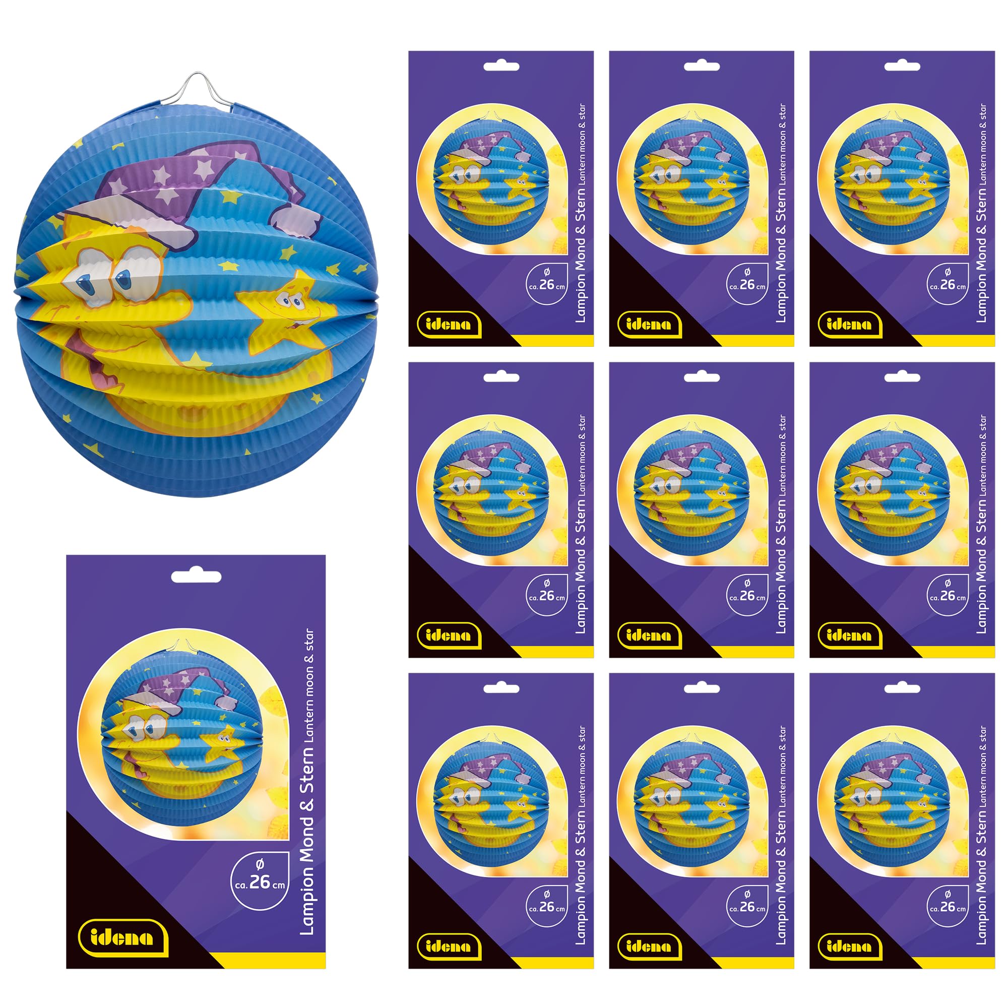 Idena 90285 Pack of 10 Moon and Star Lanterns Approx. 26 cm Diameter Blue Paper Lanterns with Starry Sky Design Children's Lanterns for Saint Martin and Light Party