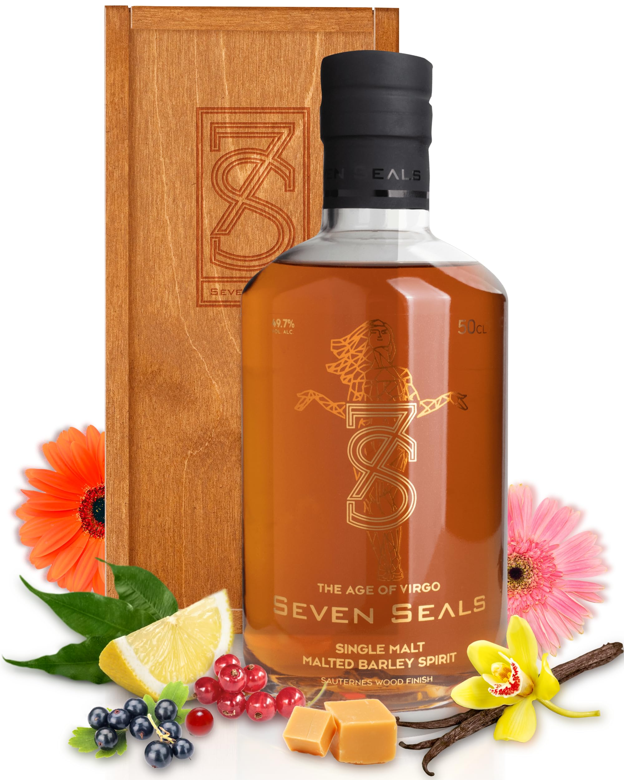 Seven Seals - The Age of Virgo Premium Single Malt 0,5 I Geschenkset mit Holzbox | Weinig/Beeriges Aroma | Geschmack von Beeren & Zitrusnoten |Passendes Geschenk für Sternbild Jungfrau | 49.7% Alkohol