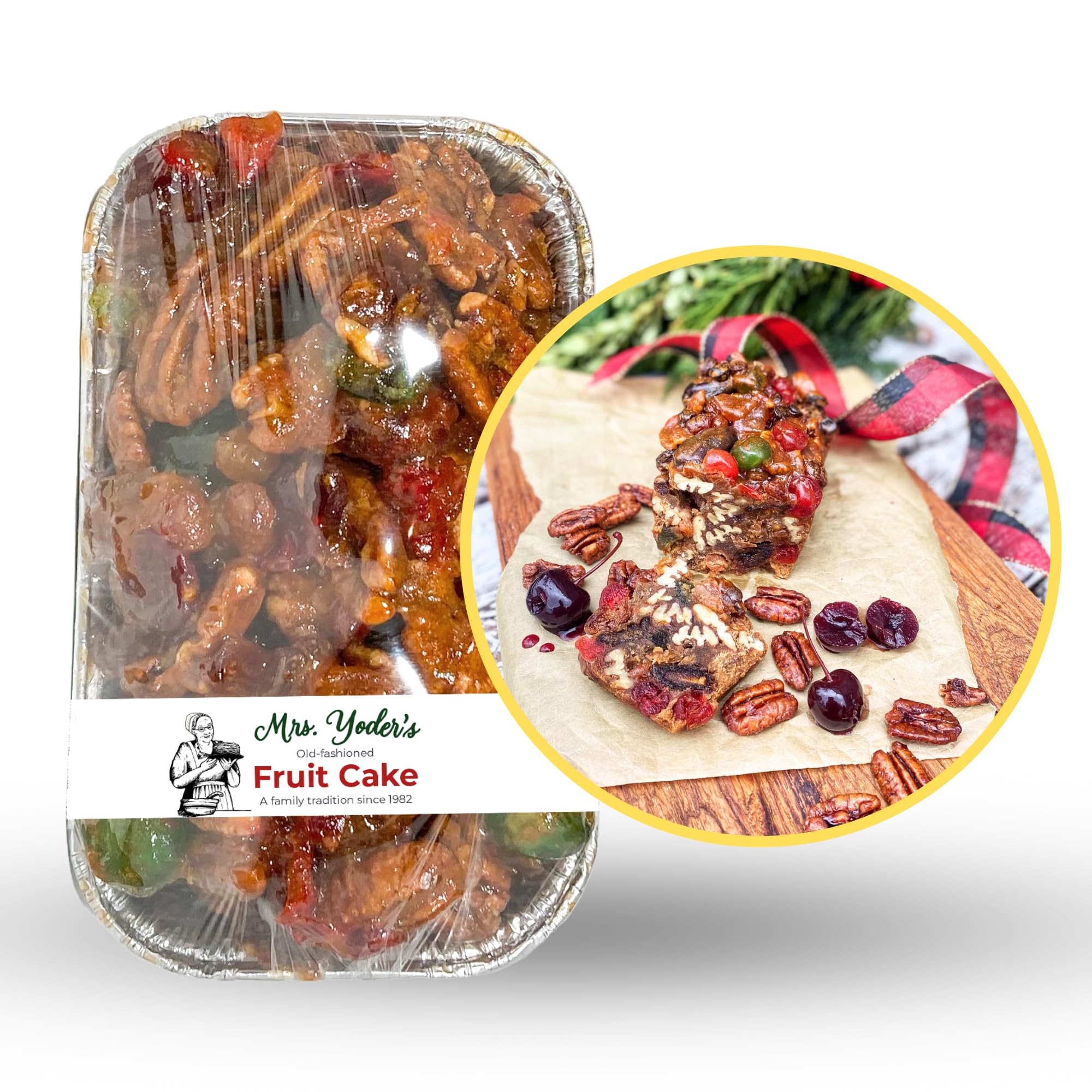 Yoder Naturals Mrs. Yoder's Fruit Cake, 8oz – Traditional Holiday Cake with Pecans and Fruit - Perfect for Gifts - Christmas Dessert - Cherry & Pineapple Mix, Golden Raisins + Dates