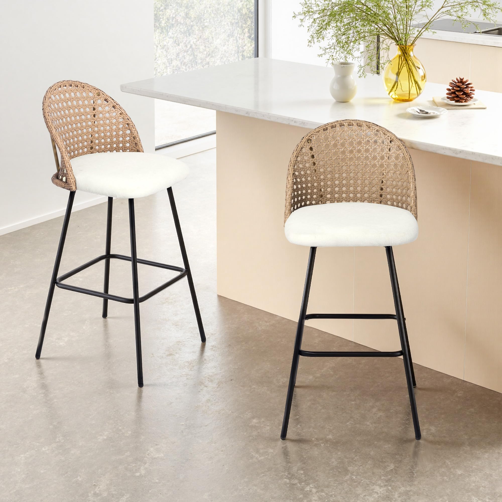 29.5'' bar stools set of 2, rattan counter height bar stools, beige | mid-century modern style, pe rattan backrest & metal legs, upholstered seat, comfy chenille fabric, for kitchen island, bar(similar see pics)