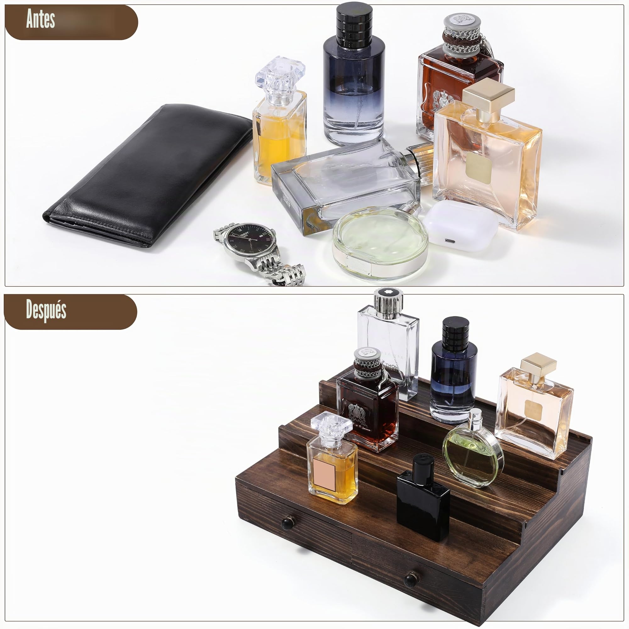 Boulphia Organizador de colonia para hombre, organizador de perfume de madera para tocador, soporte de perfume con estante de exhibición de 3 niveles, cajón y compartimento oculto para almacenar