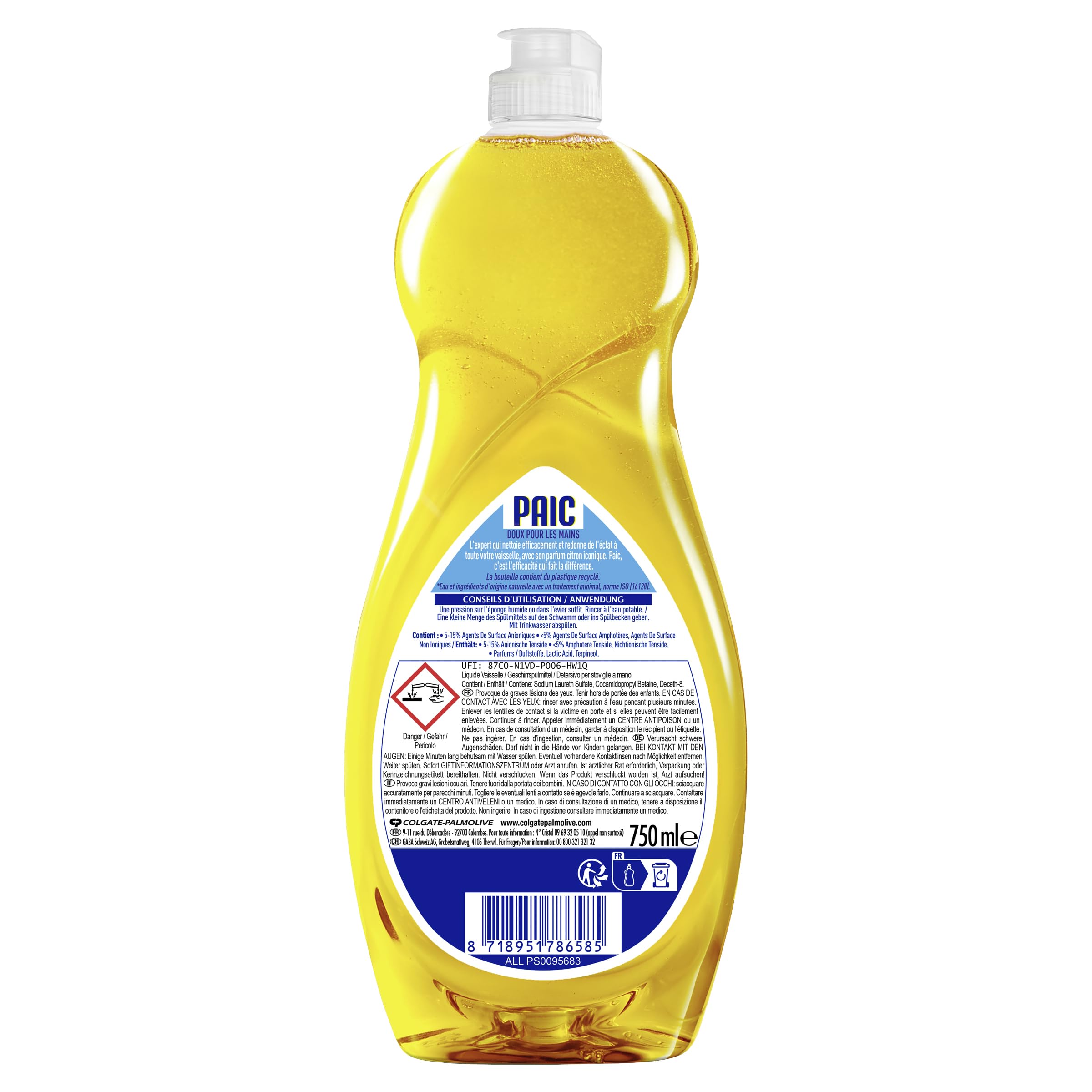 PAIC - Liquide Vaisselle éclat citron - Super dégraissant - Nettoie - Dégraisse - Elimine les mauvaises odeurs - Lot de 4 x 750 ml