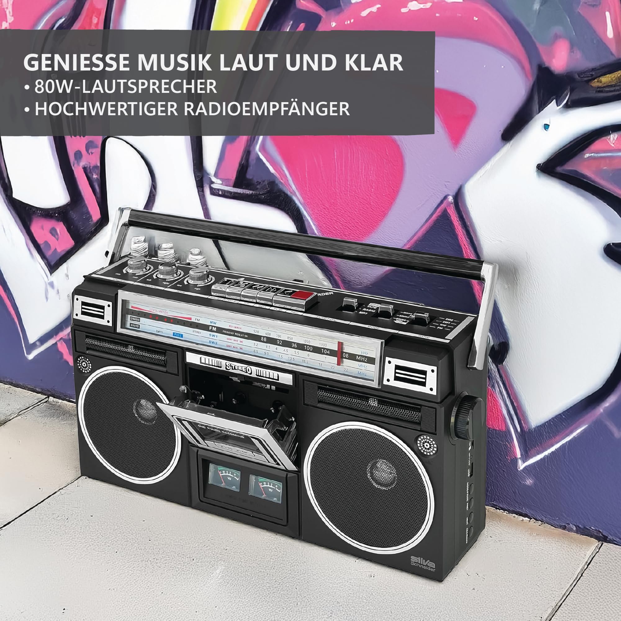 Silva Schneider PCR 1980 BT Tragbarer Retro-Kassettenrecorder mit Bluetooth und Recording Funktion