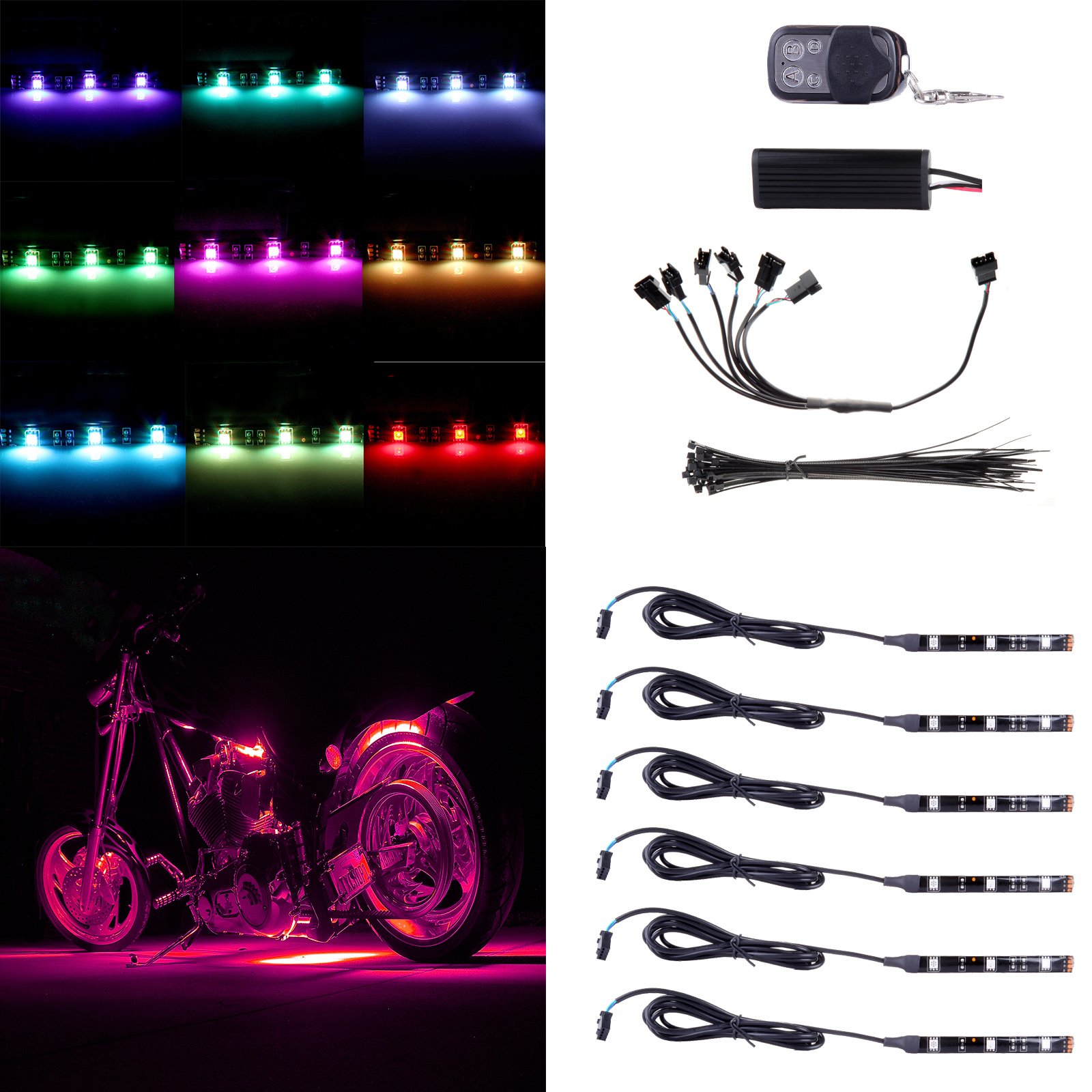 ECCPP 6Pcs Motorcycle LED Lights Kit Multi-Color Accent Glow Neon Lights LED Strip Light with Remote Control
