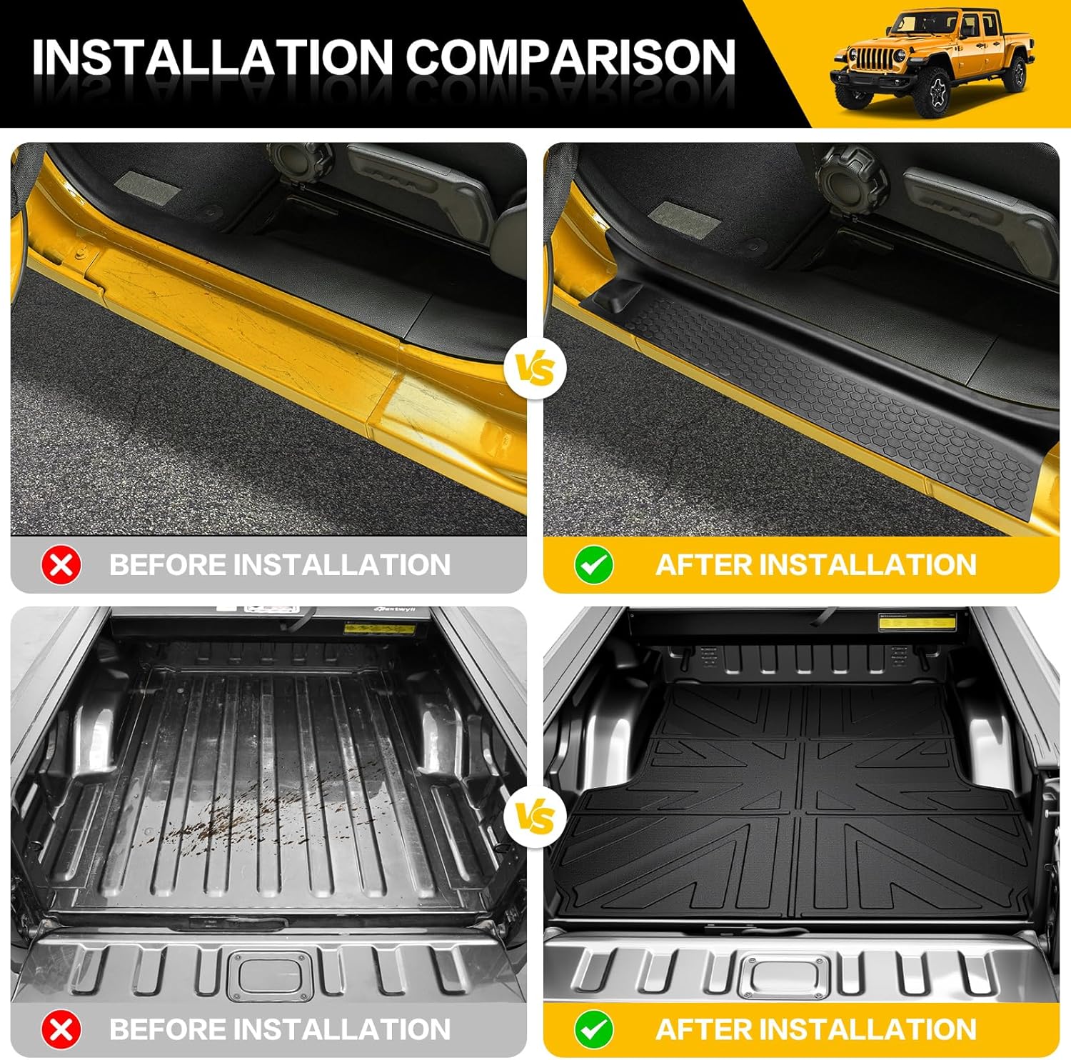 Bed Mat & Door Sill Guards for 2020-2025 Jeep Gladiator JT 4 Door, All Weather TPE Truck Cargo Bed Liner(5FT) with Door Sill Protector for 2020-2023 2024 2025 Gladiator Pickup Accessories