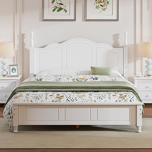 MERITLINE Base de cama de plataforma tamaño Queen con cabecero, base de madera maciza con soporte de listones de madera, no necesita somier, fácil