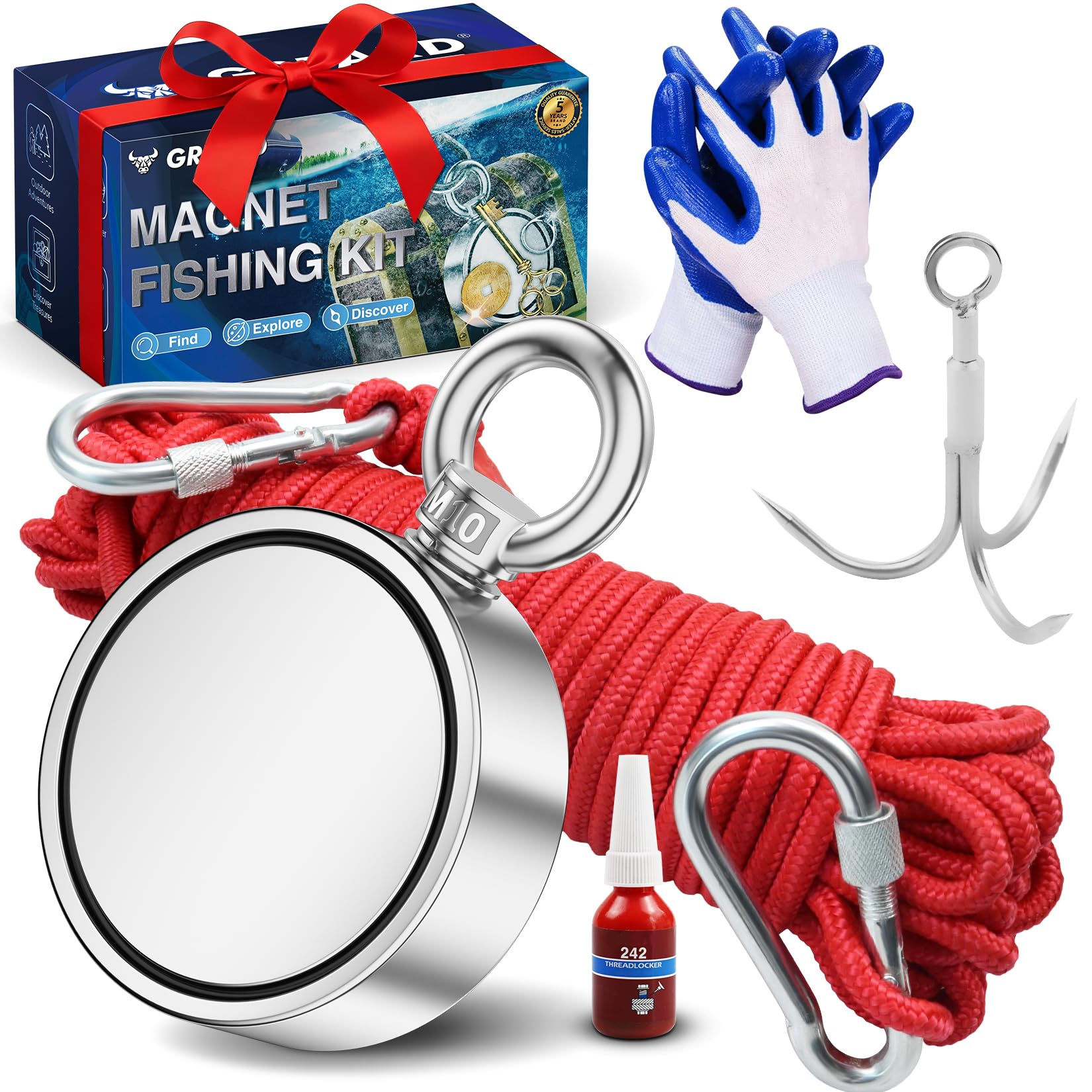 Grtard 1000LBS Magnet Fishing Kit for Men's Gifts, Double Sided Neodymium Fishing Magnets with Super Strong Magnets for Retrieving Items in River, Lake, Beach, Lawn, Gifts for Men, Dad, Husband