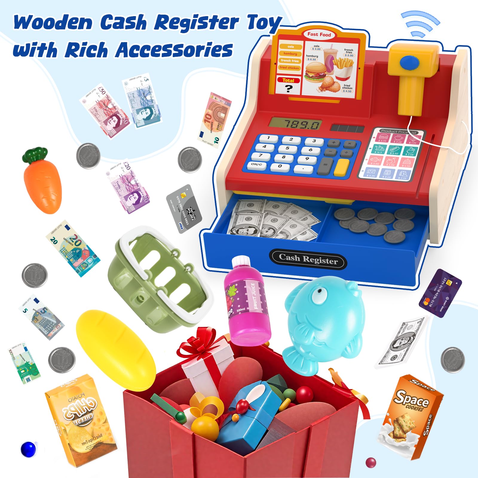 maysida Cassa Giocattolo in Legno con Scanner e Suoni per Bambini 3-5 Anni, Set Negozio con Monete, Carte, Carrello e Cibo Natale o Compleanno (Rosso)