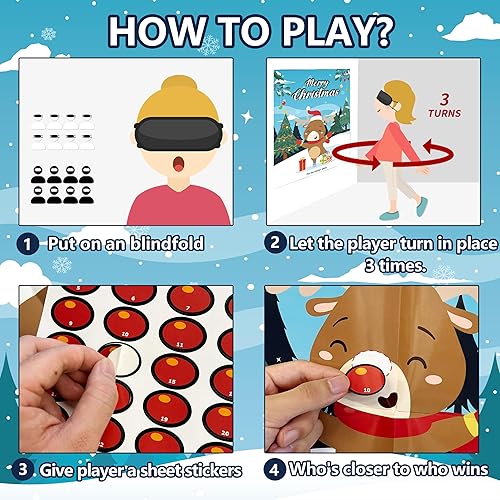 Miniatura 3 de Juegos de fiesta de Navidad para niños y familias, Pin The Nose on The Reindeer Sticker Game Actividades de Navidad para niños adultos, recuerdos de