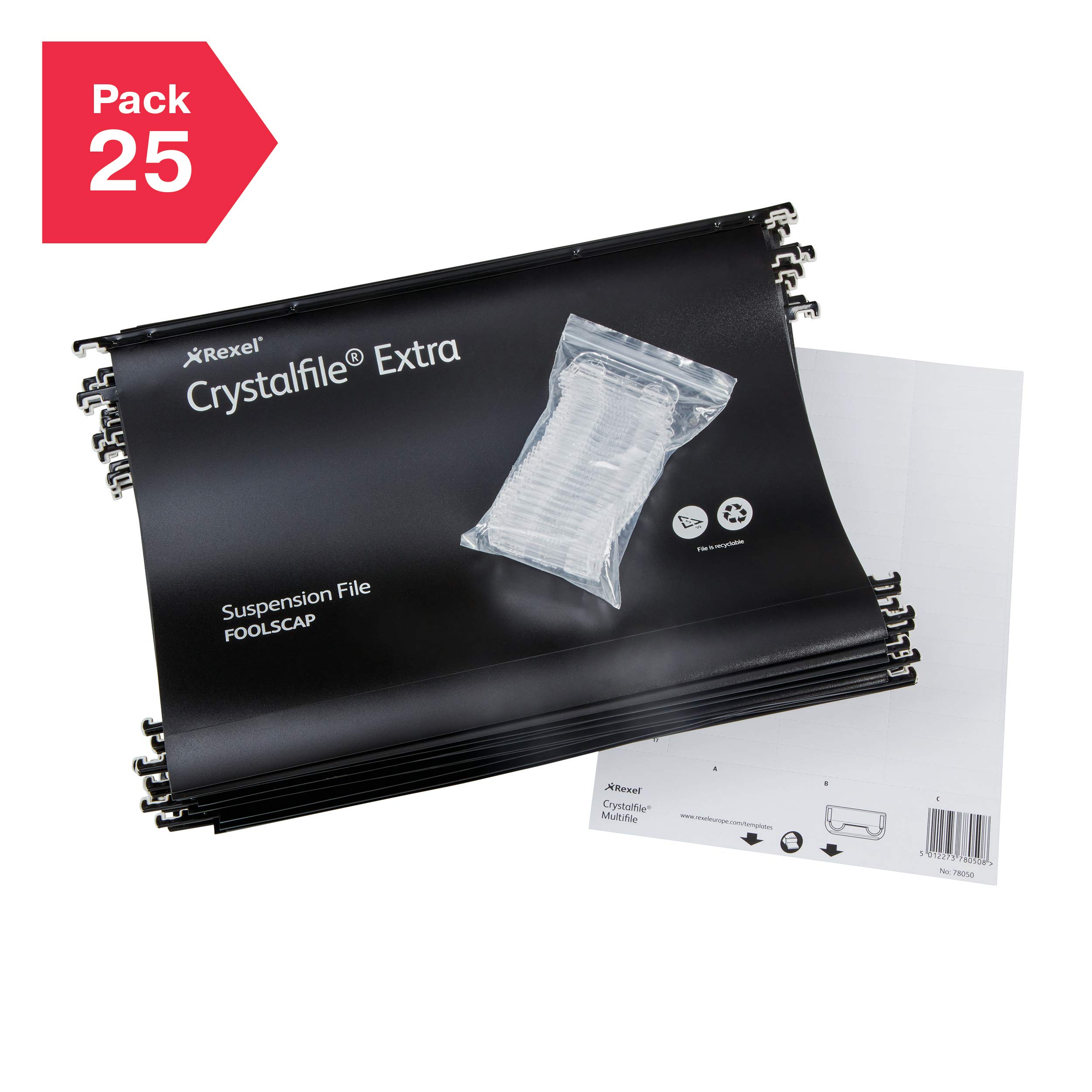 Rexel Lot de 25 dossiers suspendus ultra résistants avec onglets et inserts pour armoires de classement, base de 30 mm, polypropylène, noir, Crystalfile Extra, 300081