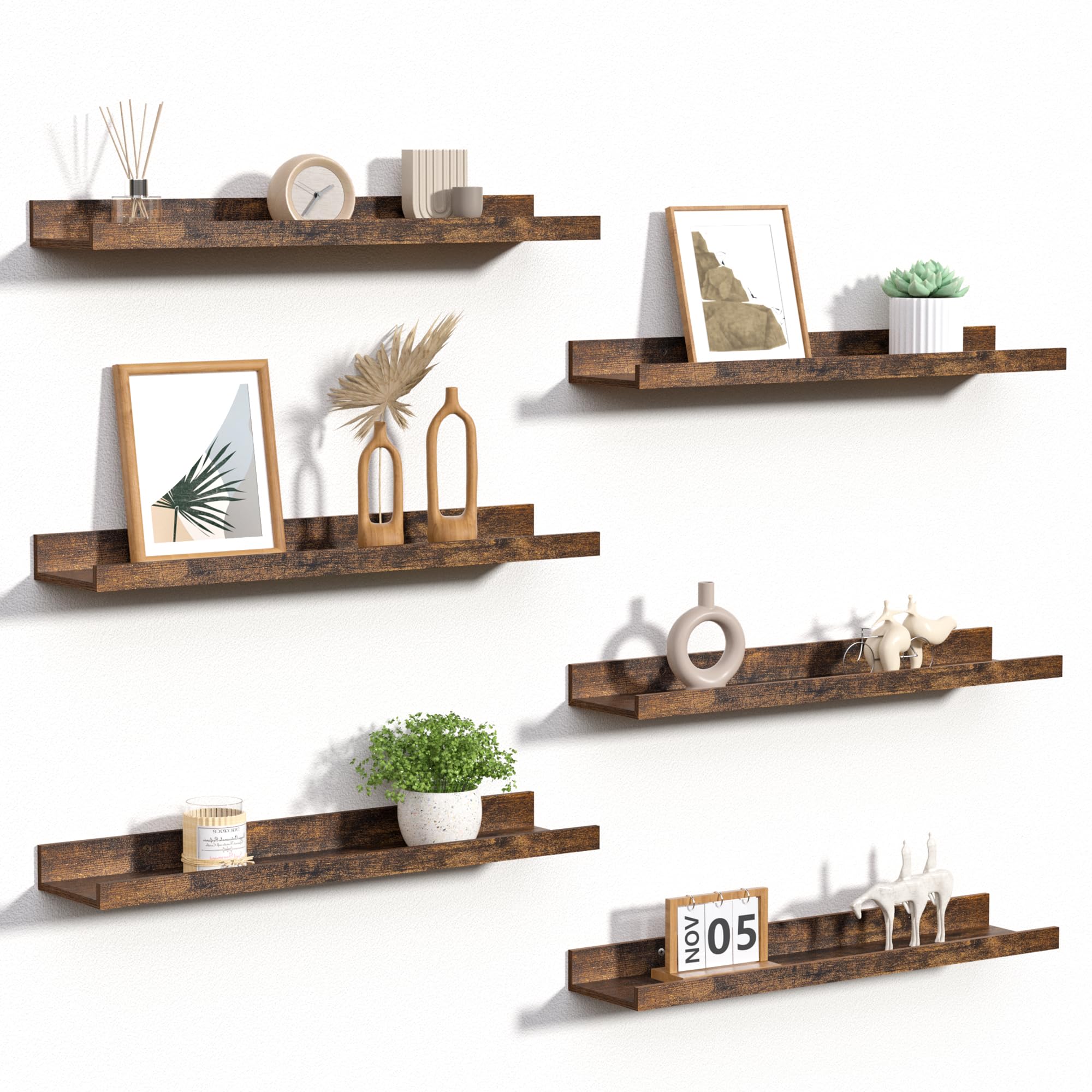 upsimples Floating Shelves for Wall, Wall Shelves for Decor Storage Set of 6, Wall Mounted Wood Shelf for Bedroom, Living Room, Bathroom, Kitchen, 23.6 inch Long Picture Ledge Shelf, Brown
