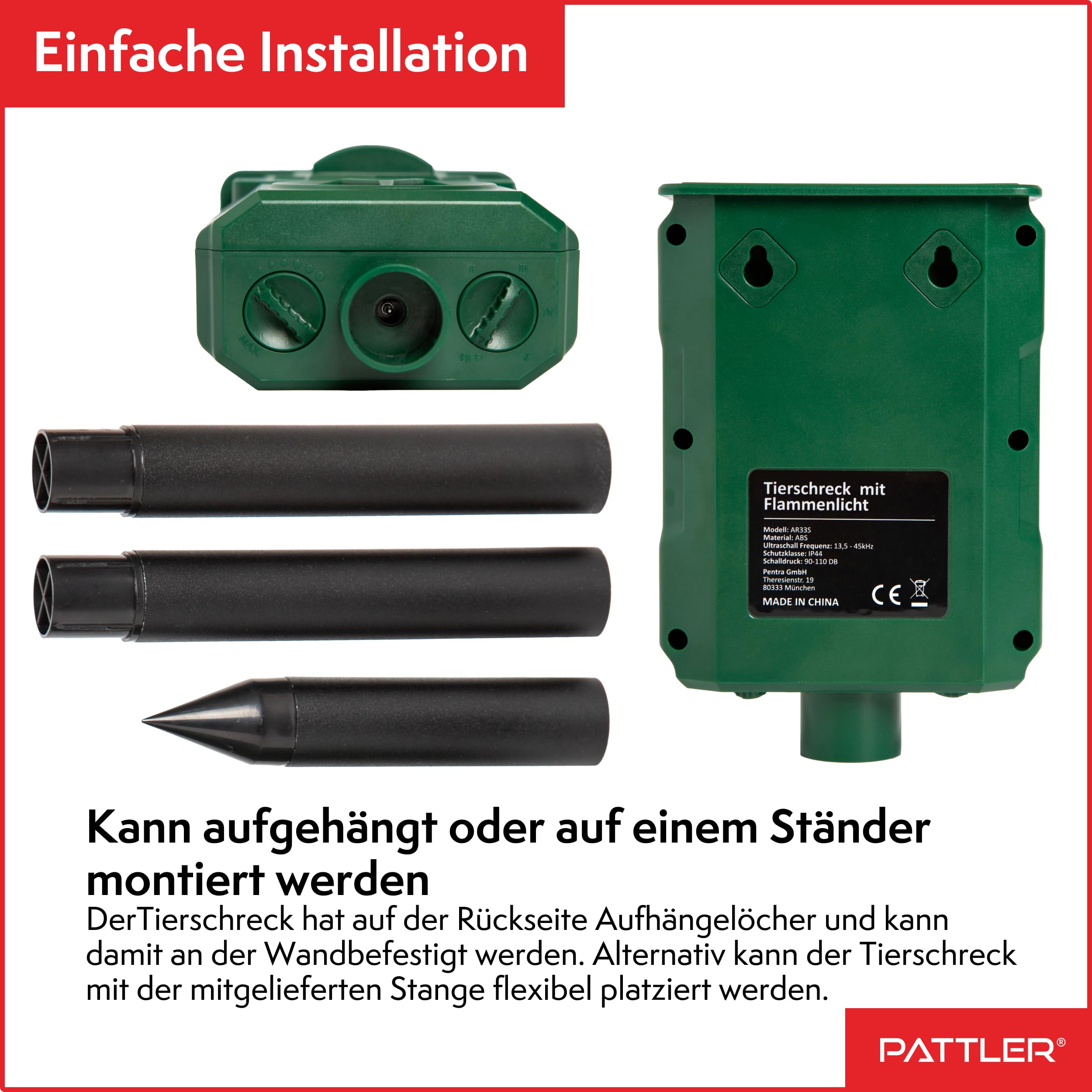 PATTLER® Tiervertreiber Ultraschall Solar 2er Set – Katzenschreck & Marderschreck mit PIR Bewegungssensor 10m – Flammenlicht & LED-Blinklicht – Geräuschfrei Ultraschall Tierabwehr für Garten & Outdoor