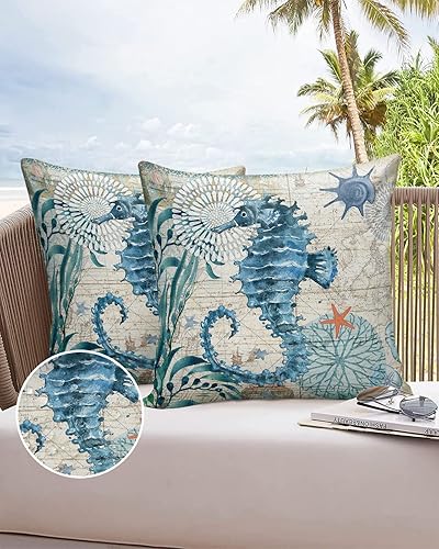 Miniatura 6 de Fundas de almohada impermeables para exteriores, decoración cuadrada de jardín, funda de cojín de caballito de mar verde azulado para patio, porche,